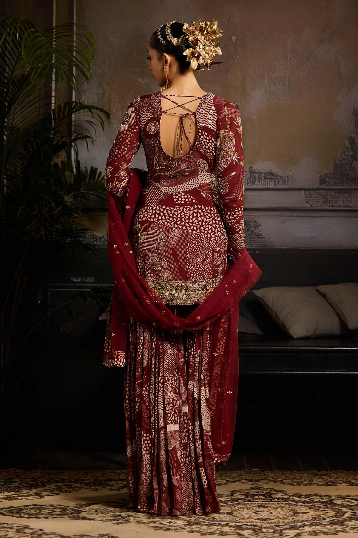 Maroon Print and Highlighted Kurti  Set