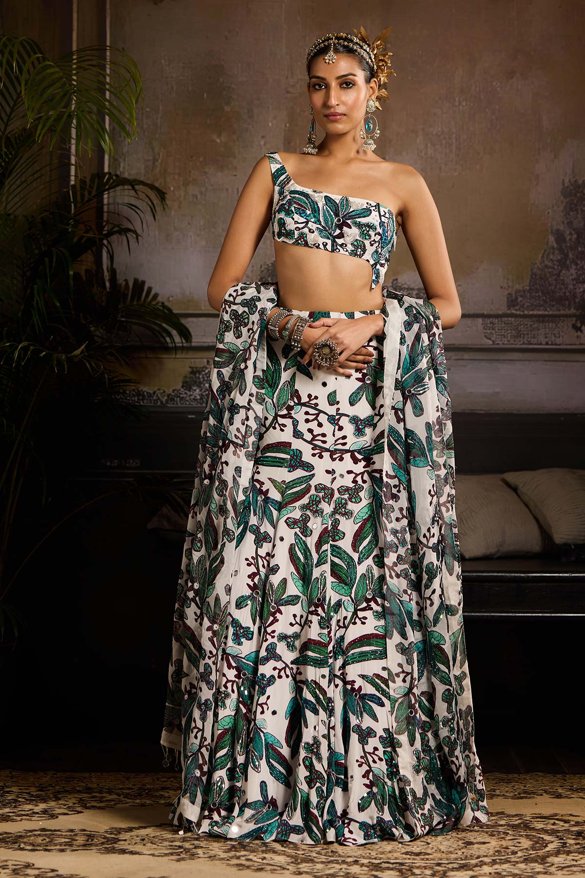 White and Teal Print and Highlighted Lehenga Set