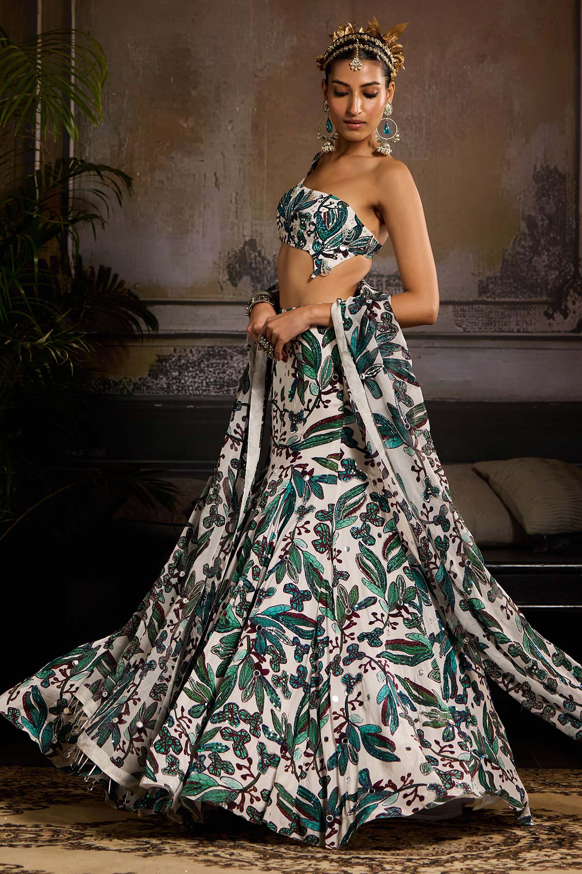 White and Teal Print and Highlighted Lehenga Set