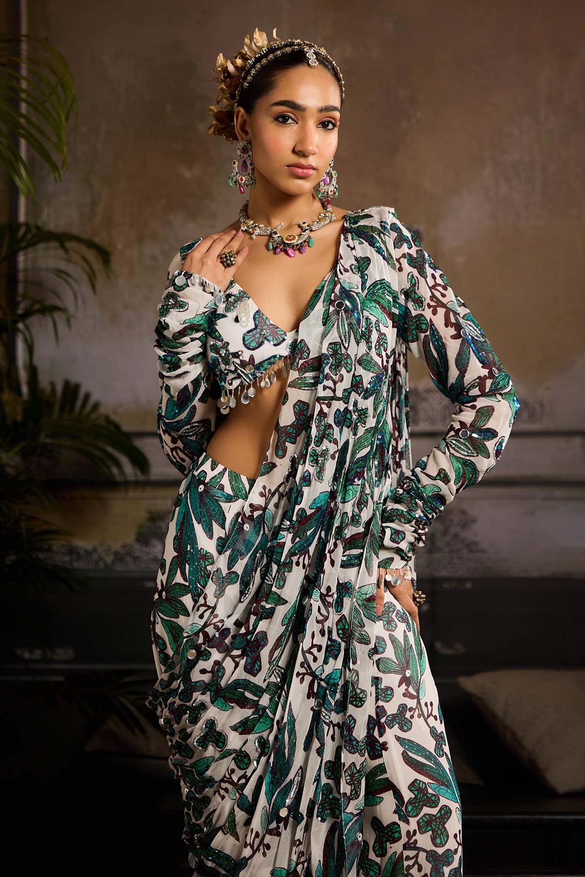 White and Teal Print and Highlighted Draped Saree Set