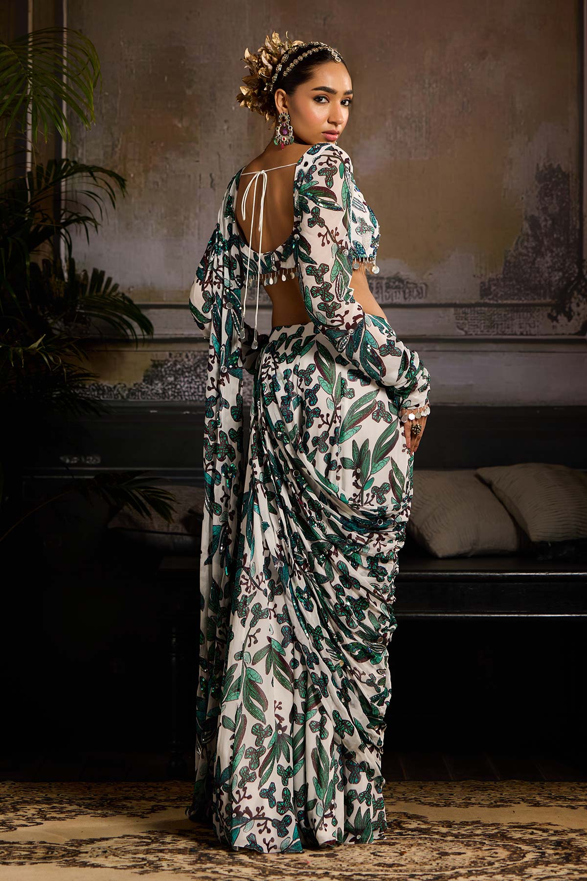 White and Teal Print and Highlighted Draped Saree Set