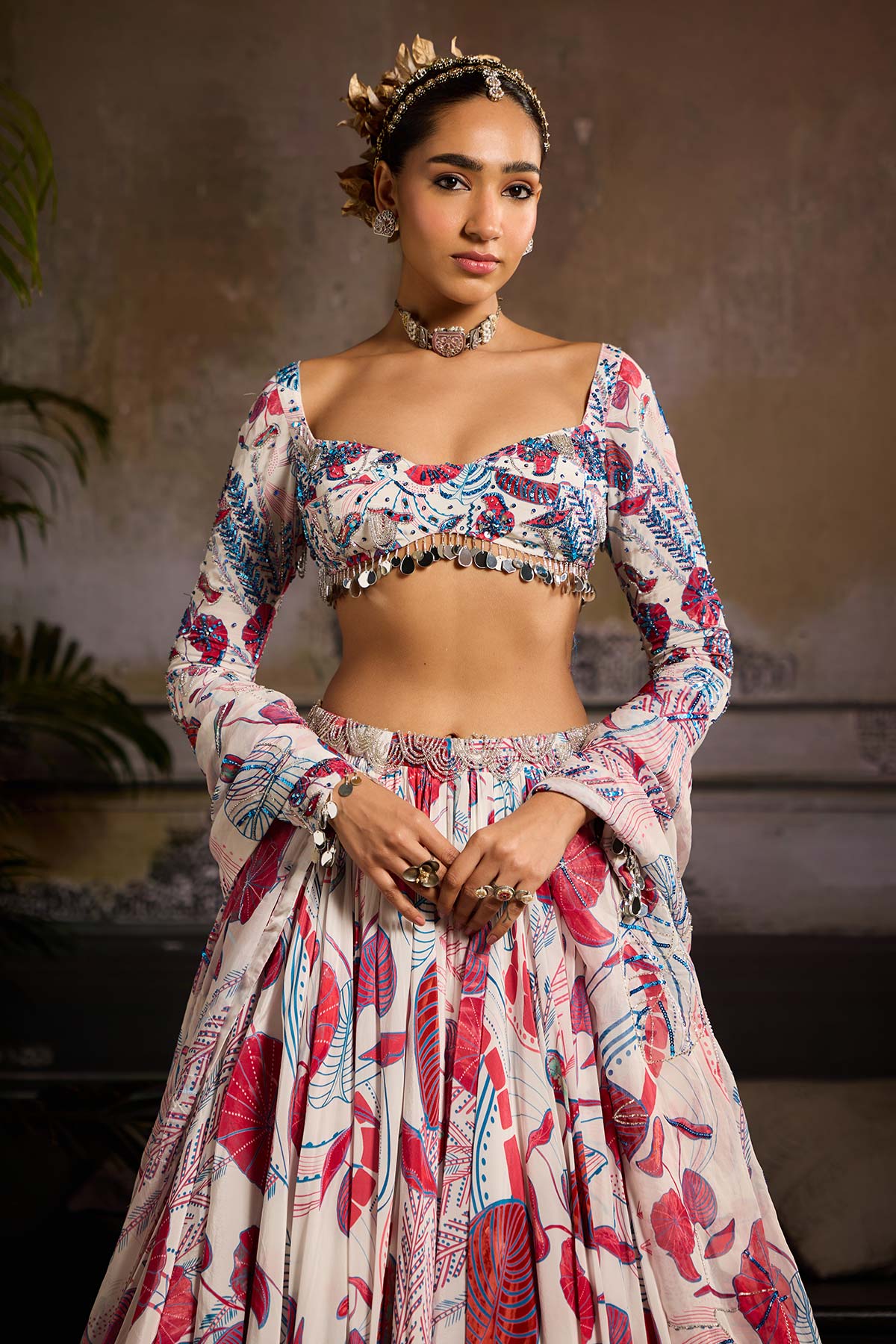 White and Pink Print and Highlighted Lehenga Set