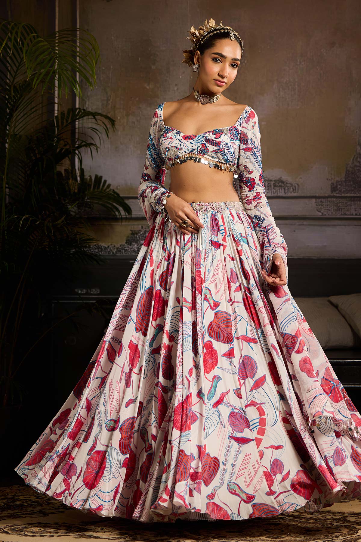 White and Pink Print and Highlighted Lehenga Set