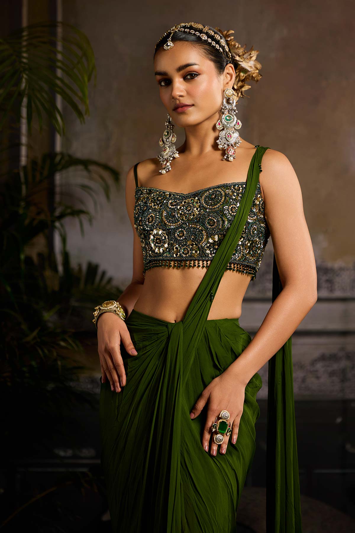 Sage Green Print and Highlighted Skirt Saree Set