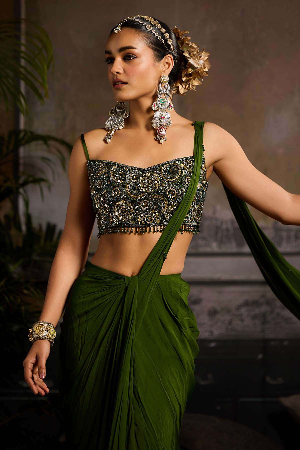 Sage Green Print and Highlighted Skirt Saree Set