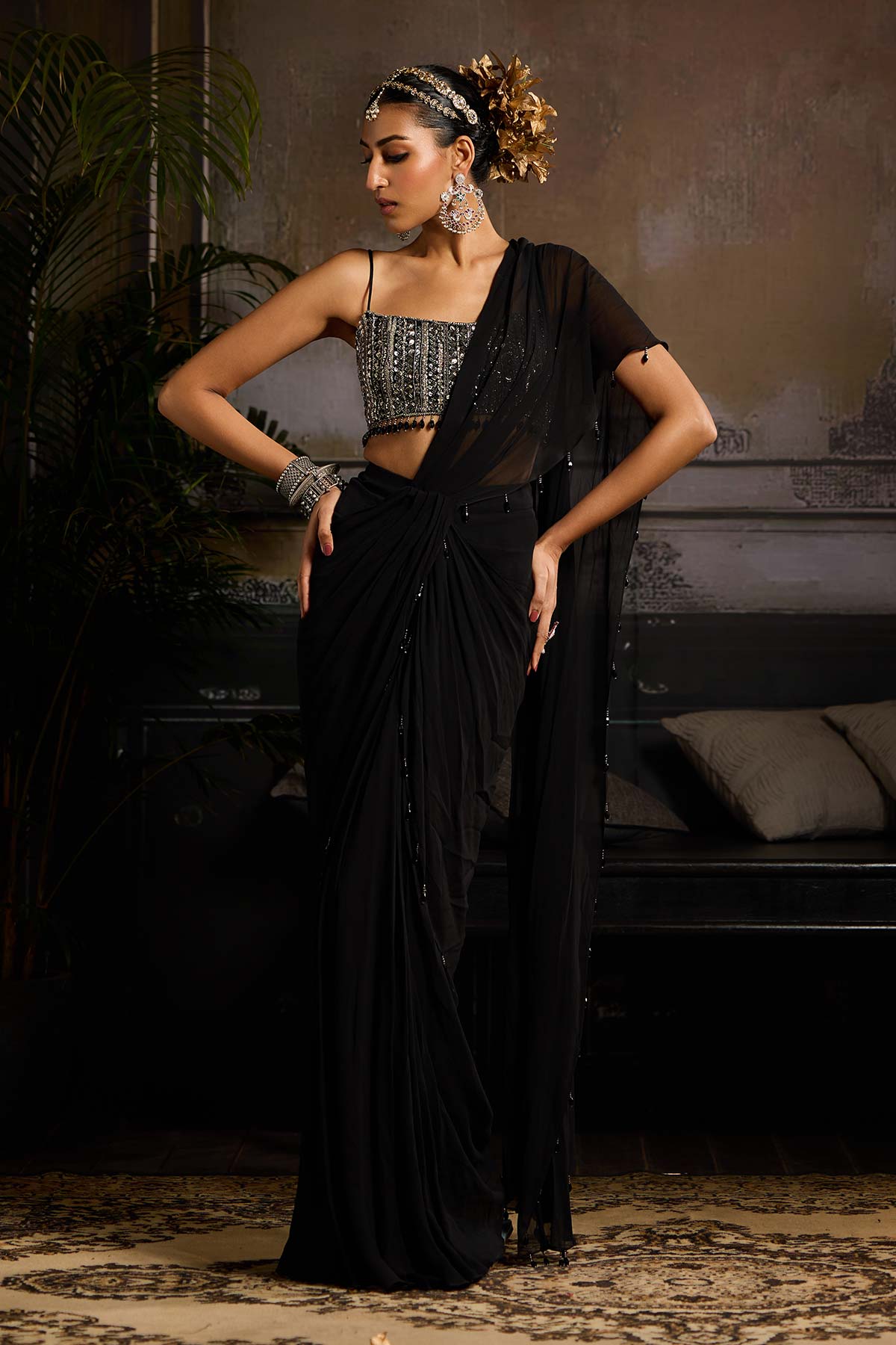 Black Print and Highlighted  Skirt Saree Set