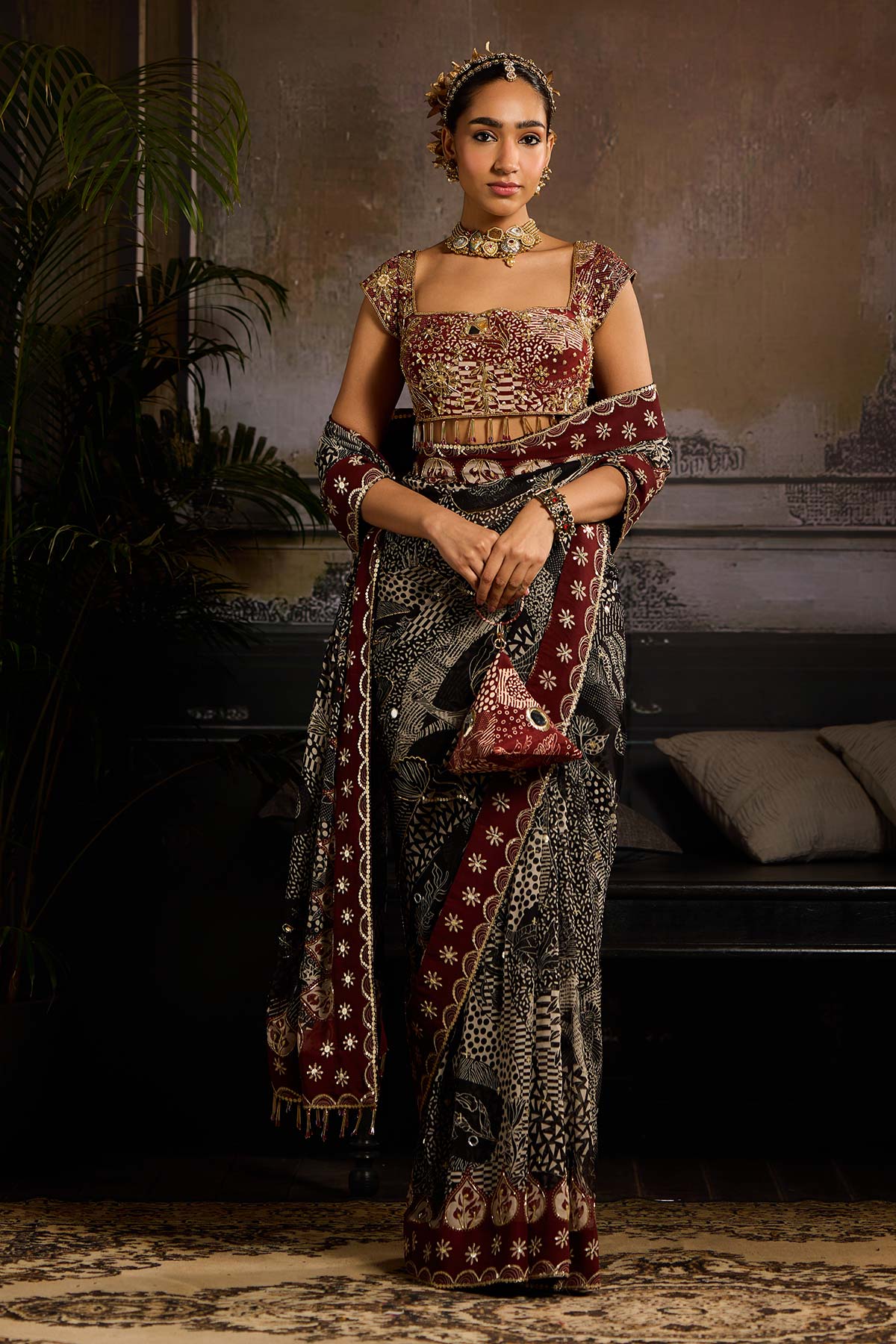 Black & Maroon Print and Highlighted  Pre Stitched Saree Set