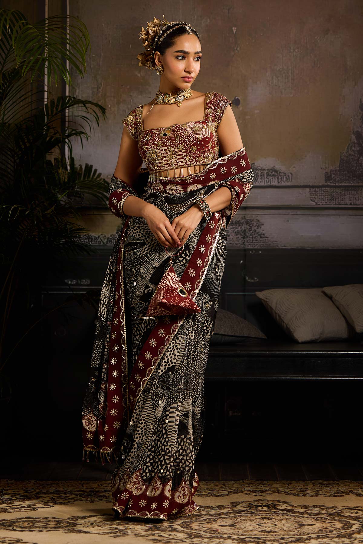 Black & Maroon Print and Highlighted  Pre Stitched Saree Set