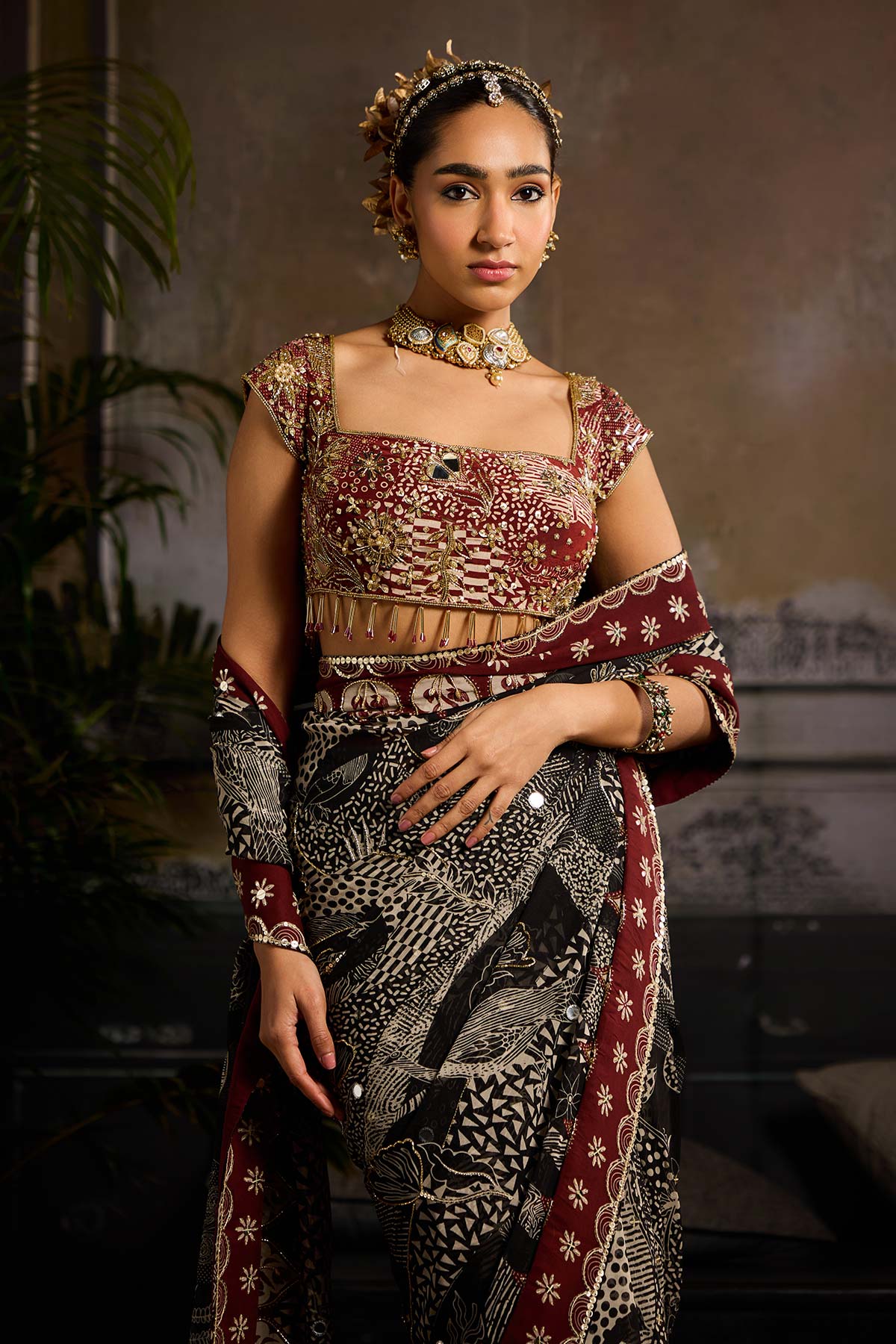 Black & Maroon Print and Highlighted  Pre Stitched Saree Set