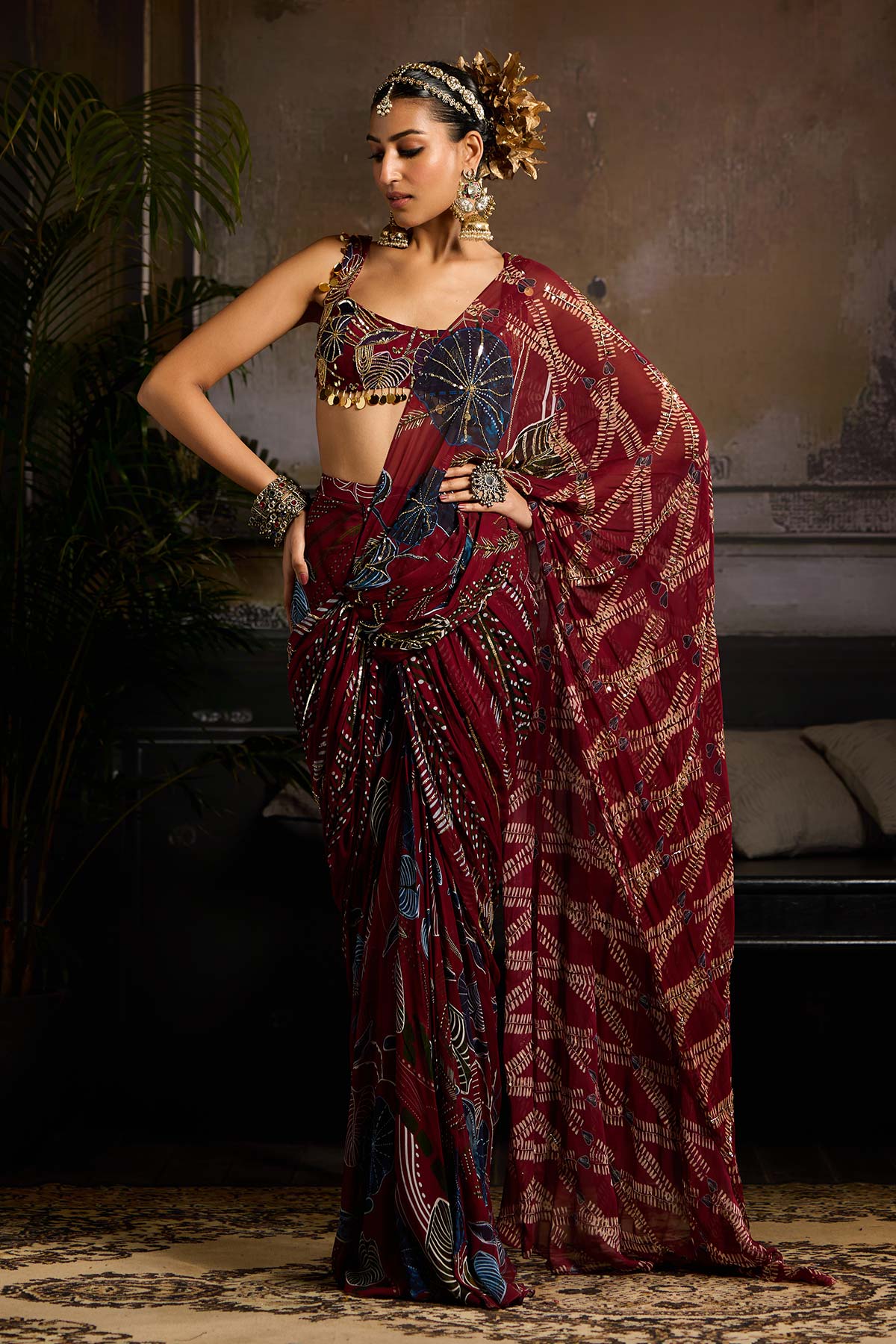 Wine Print and Highlighted Draped Saree Set