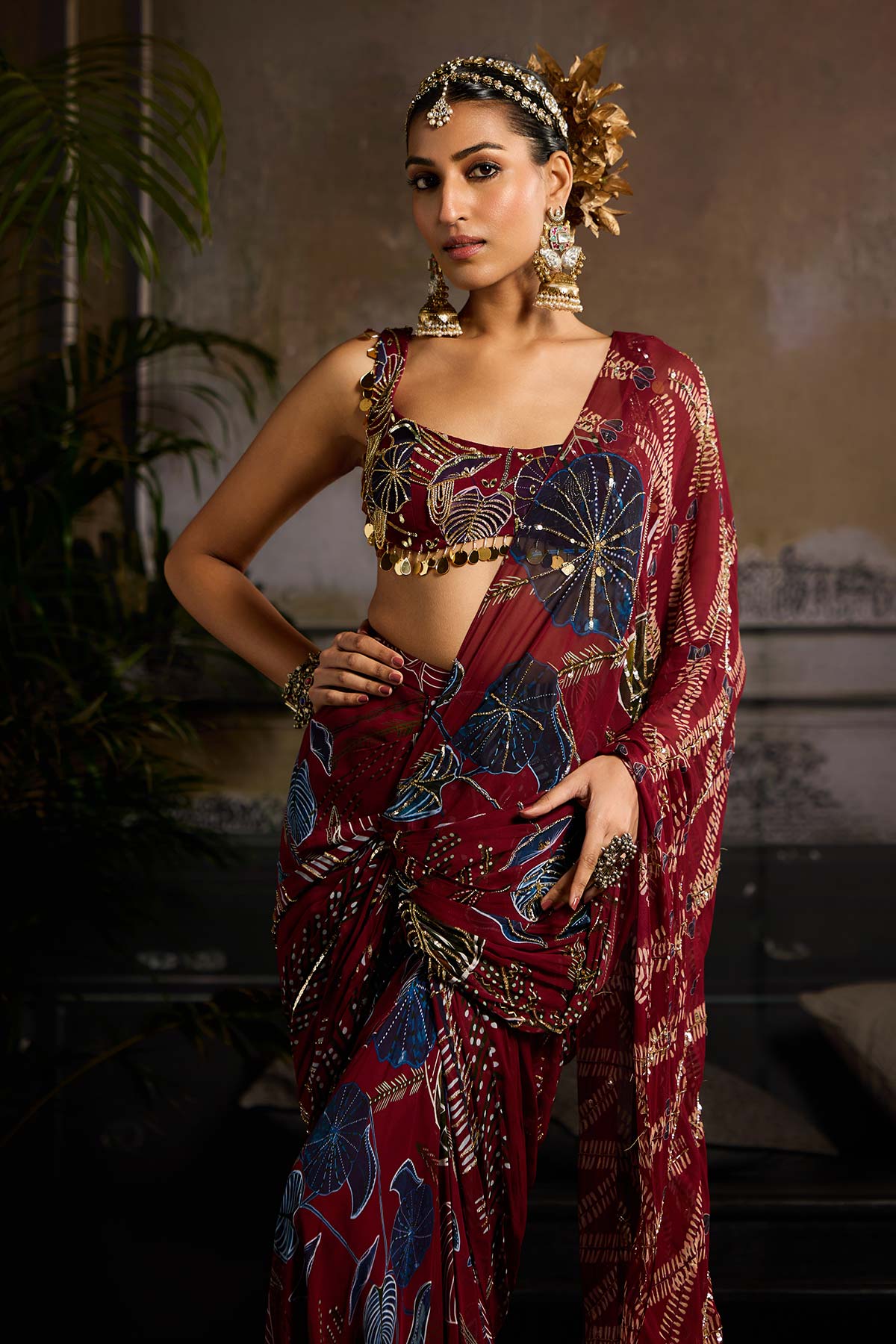 Wine Print and Highlighted Draped Saree Set