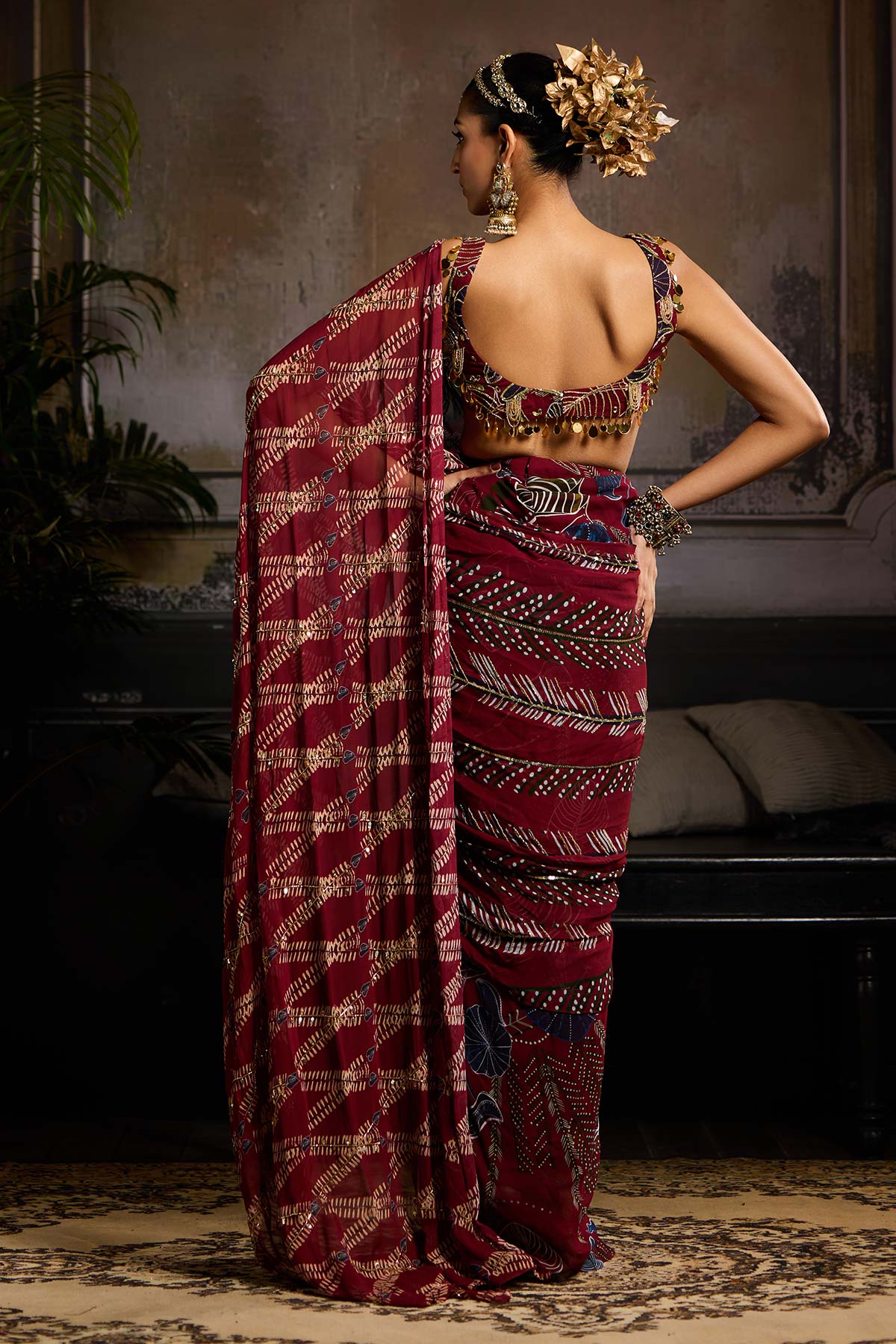 Wine Print and Highlighted Draped Saree Set