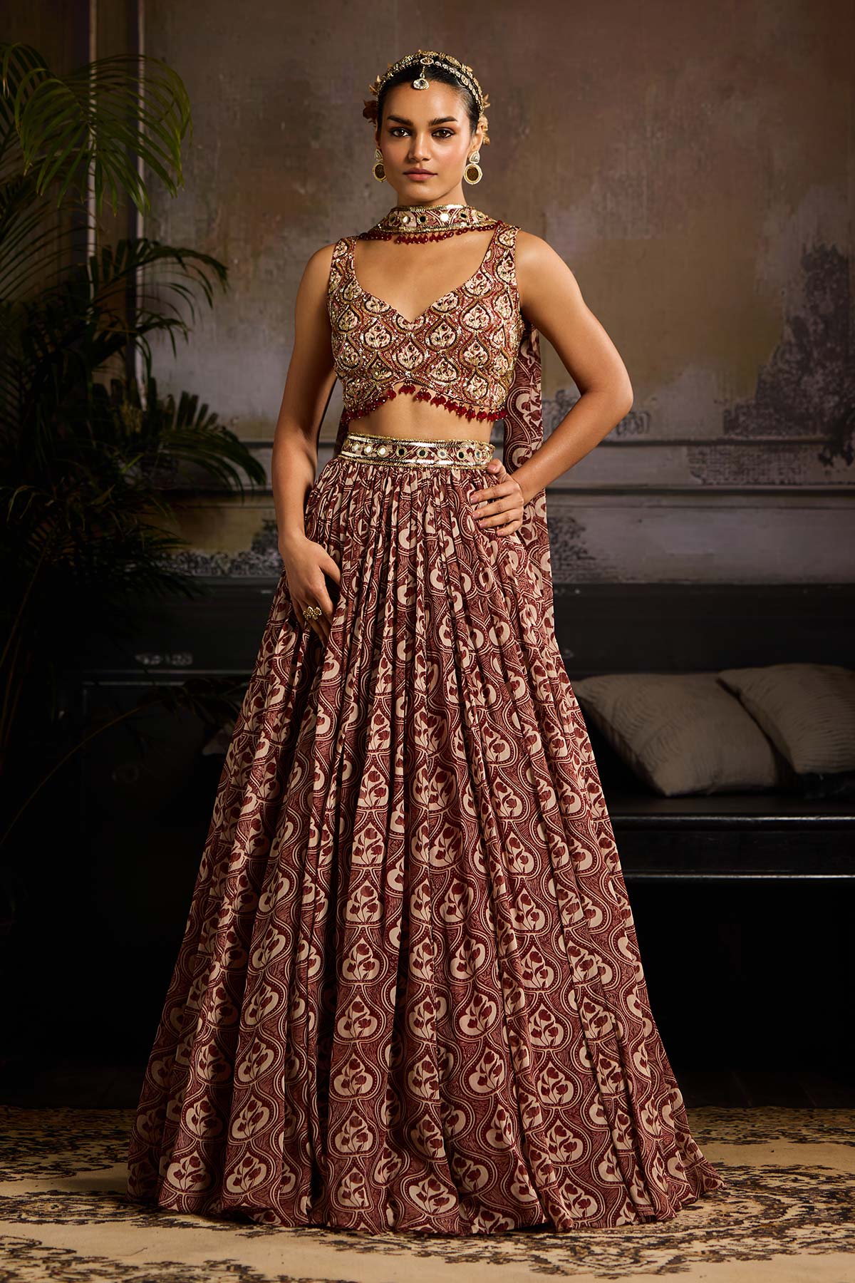 Maroon Print and Highlighted Lehenga  Set