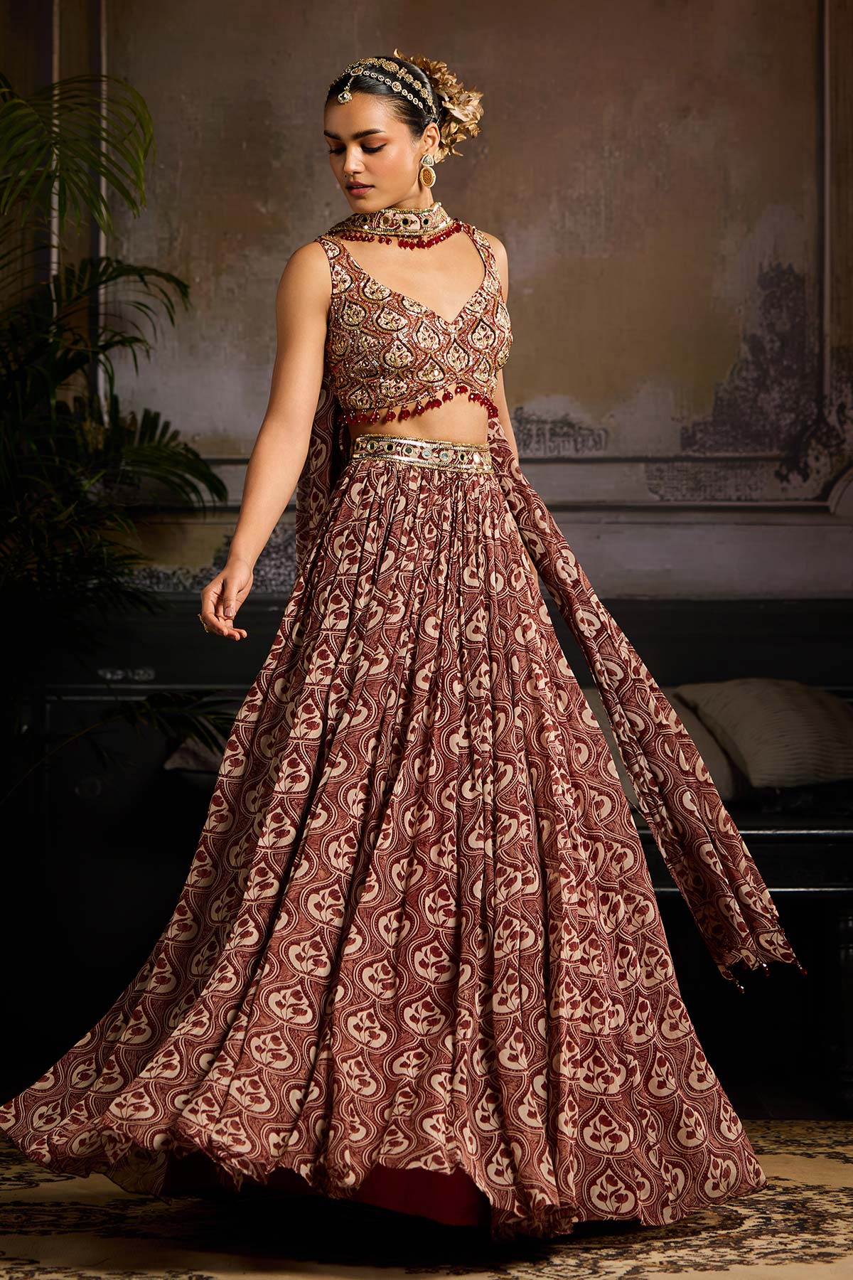 Maroon Print and Highlighted Lehenga  Set