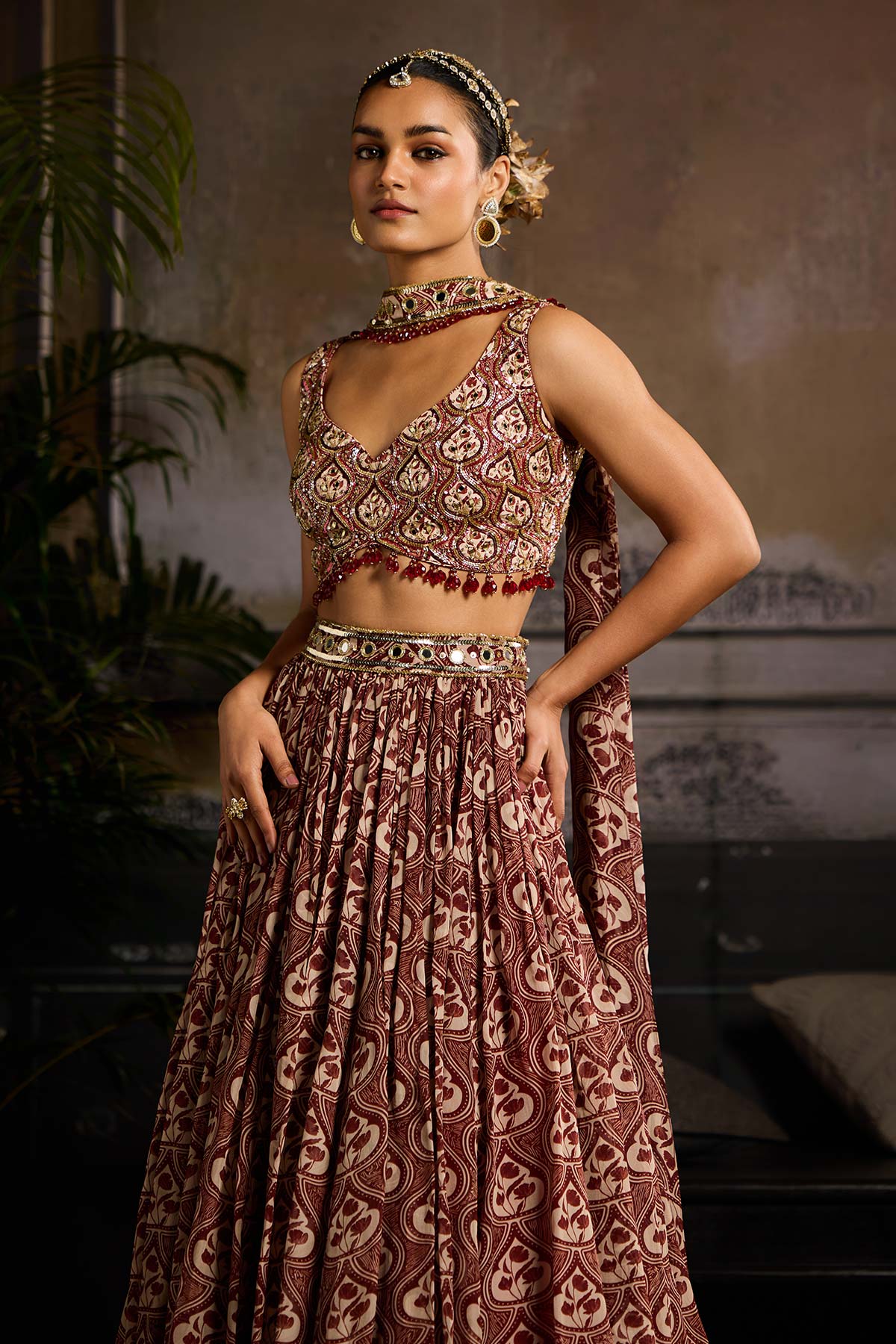 Maroon Print and Highlighted Lehenga  Set