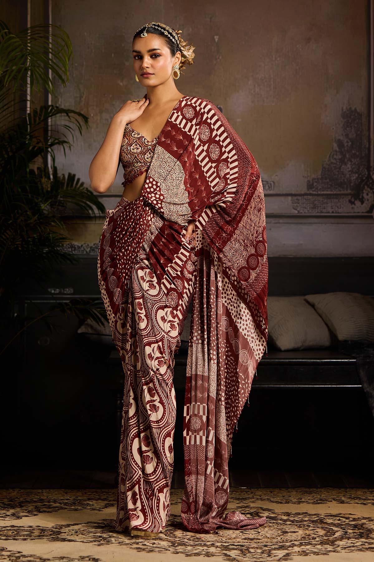 Maroon Print and Highlighted Skirt Saree Set