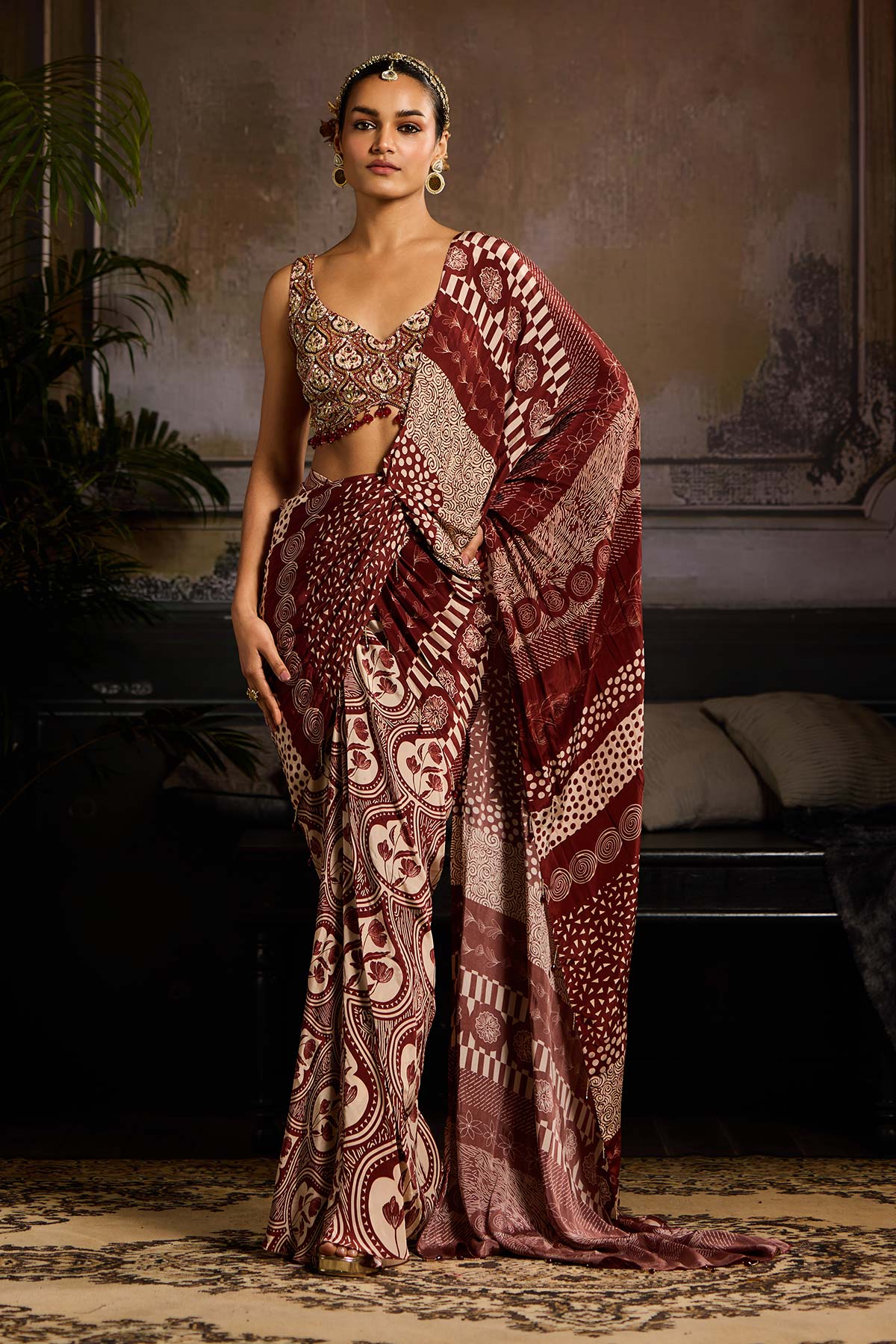 Maroon Print and Highlighted Skirt Saree Set