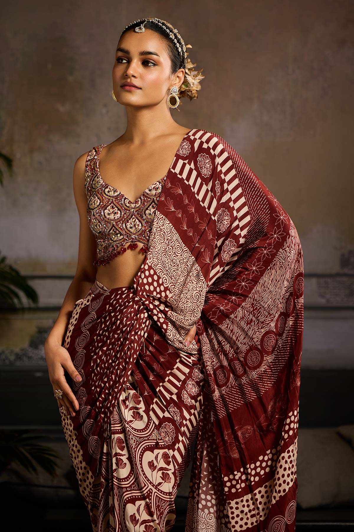 Maroon Print and Highlighted Skirt Saree Set