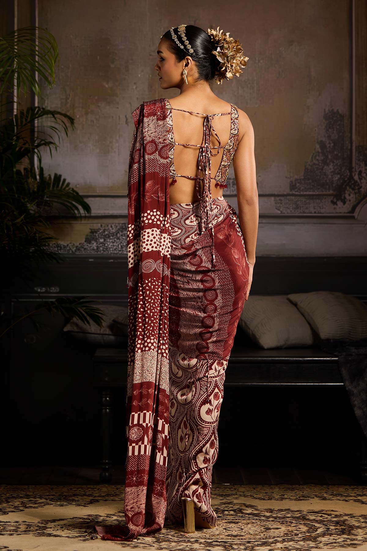 Maroon Print and Highlighted Skirt Saree Set