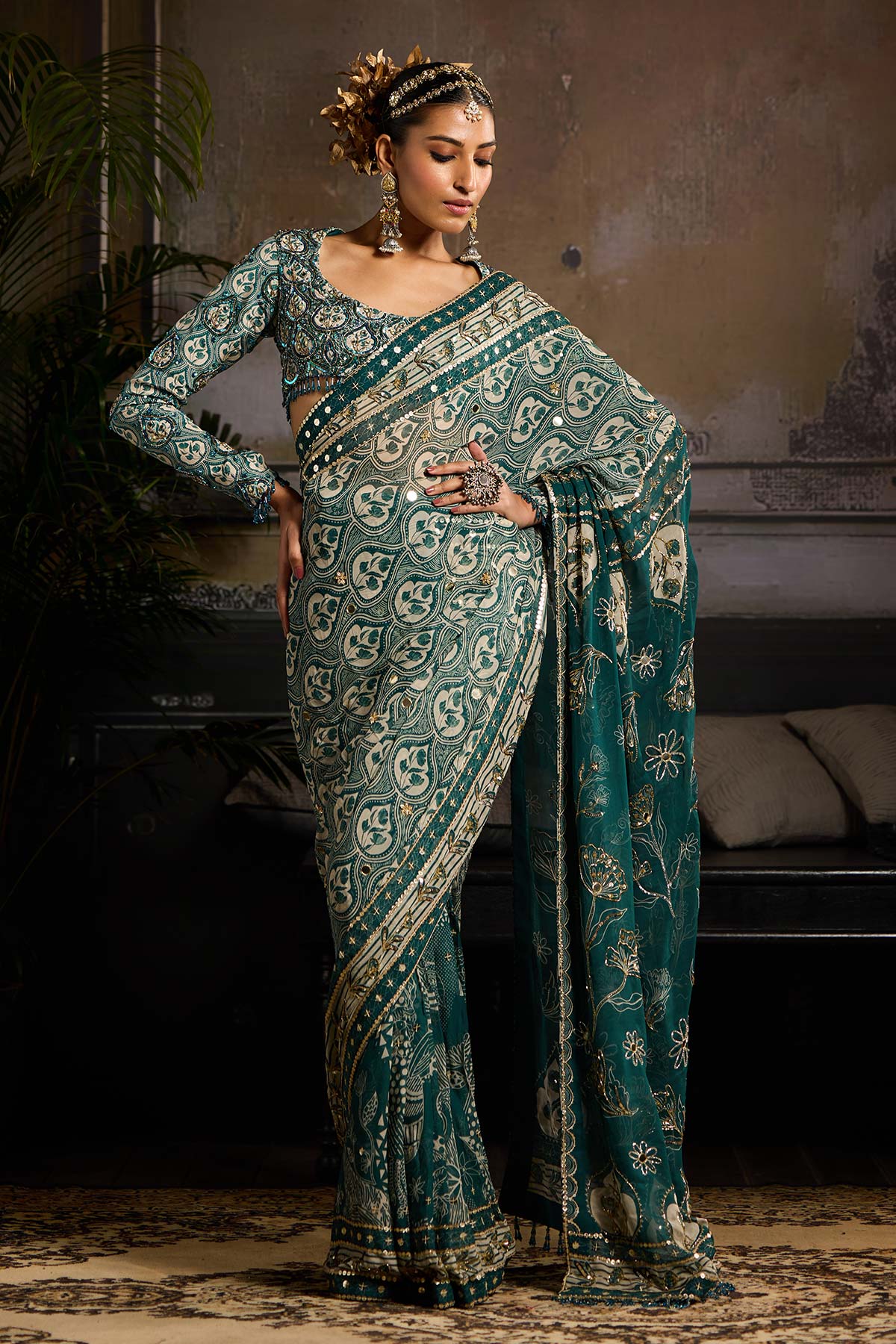 Teal Print and Highlighted Pre-Stitched Saree