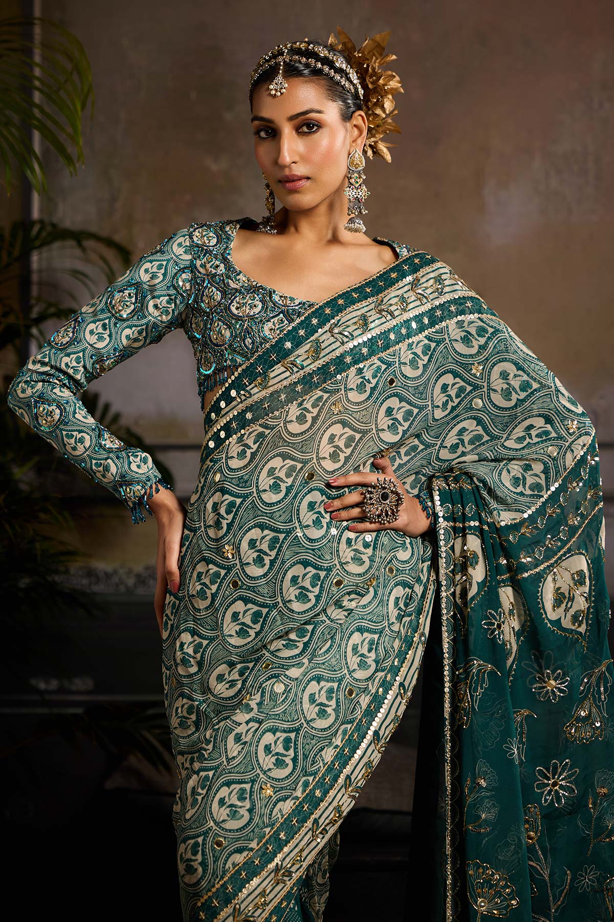 Teal Print and Highlighted Pre-Stitched Saree