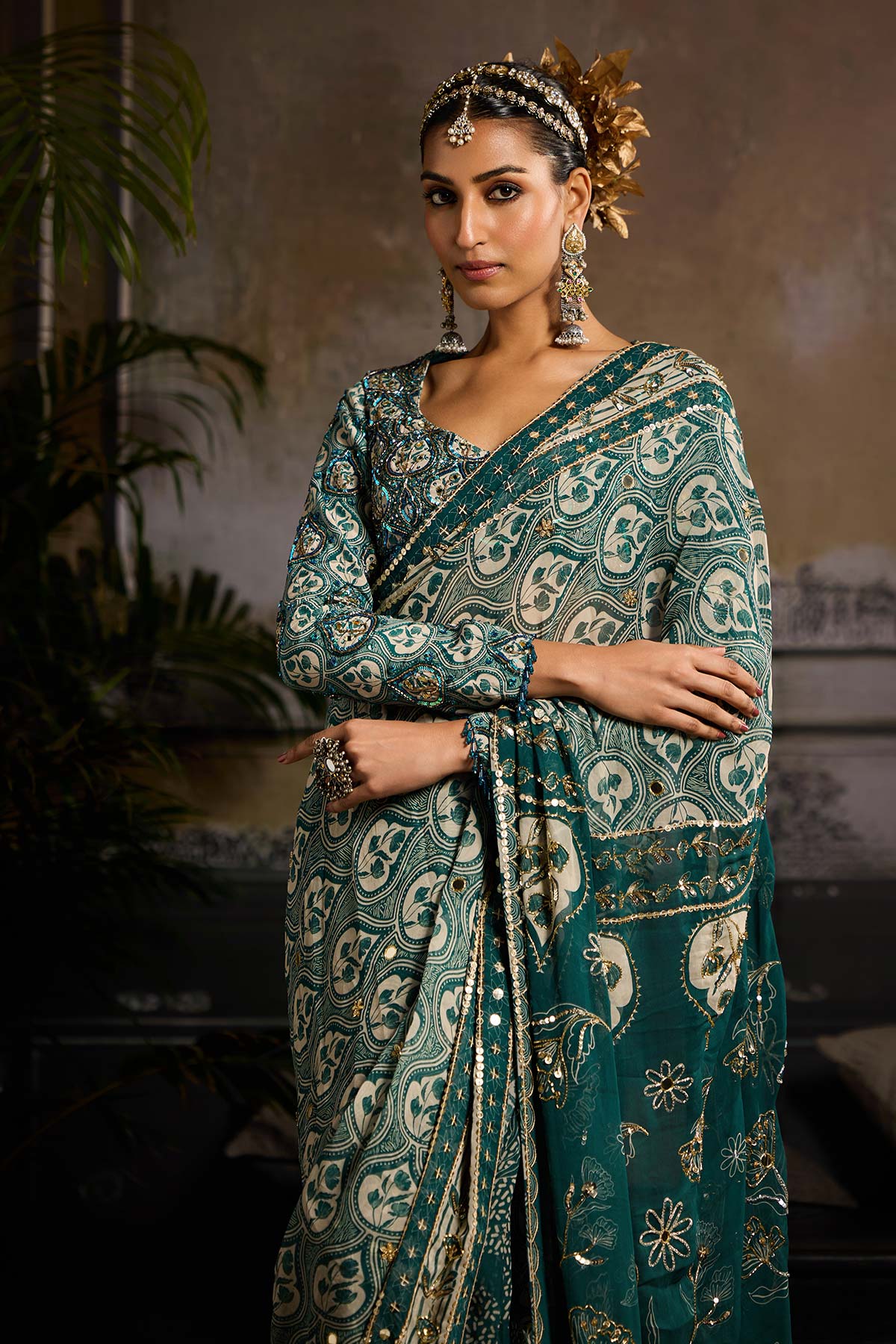 Teal Print and Highlighted Pre-Stitched Saree