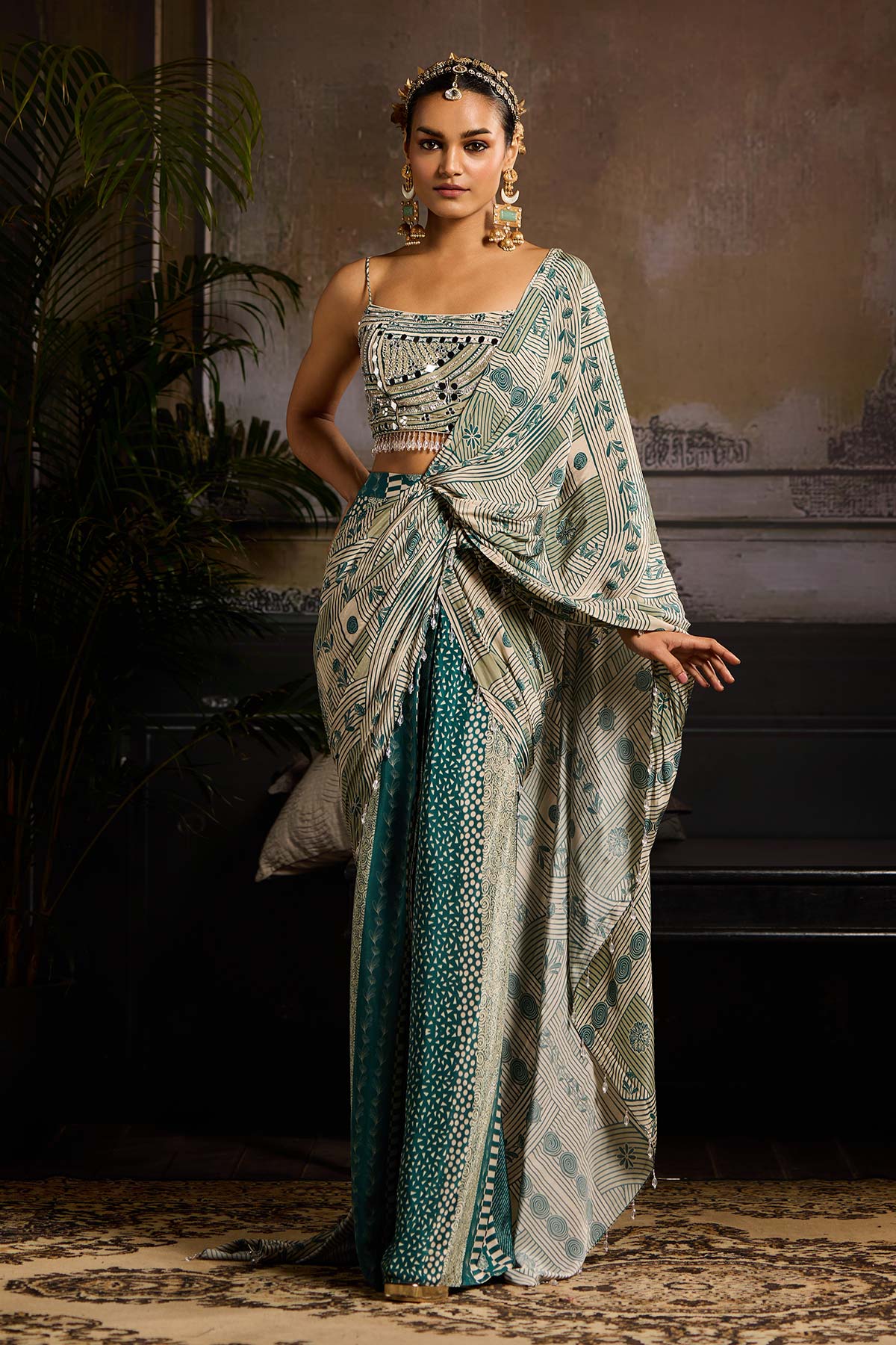 Beige & Teal Print and Highlighted  Skirt Saree Set