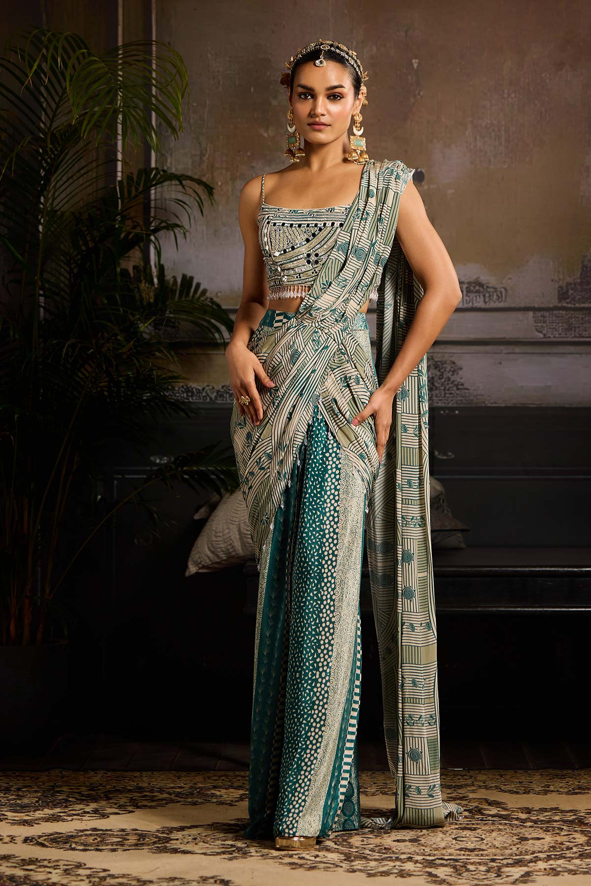 Beige & Teal Print and Highlighted  Skirt Saree Set