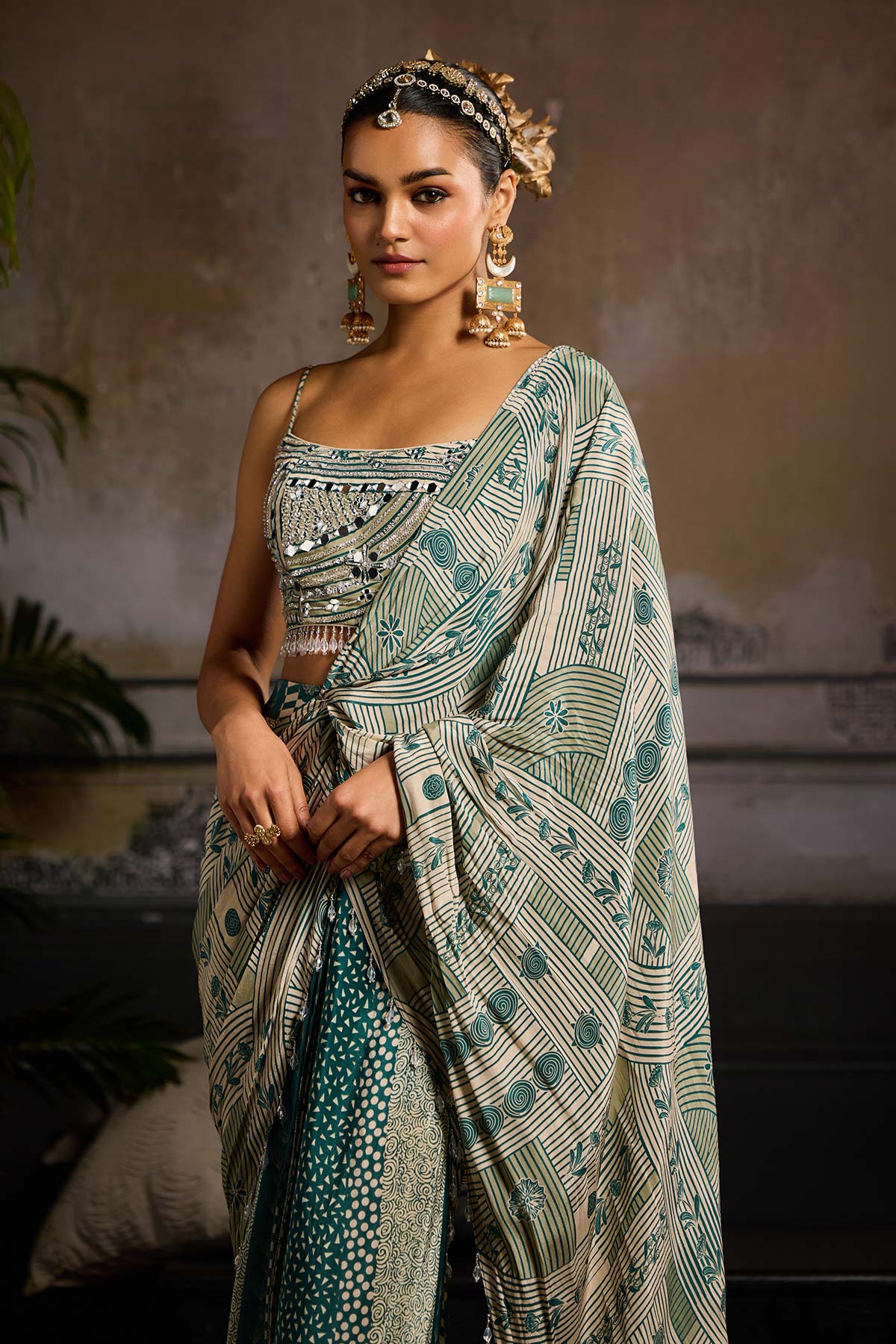 Beige & Teal Print and Highlighted  Skirt Saree Set