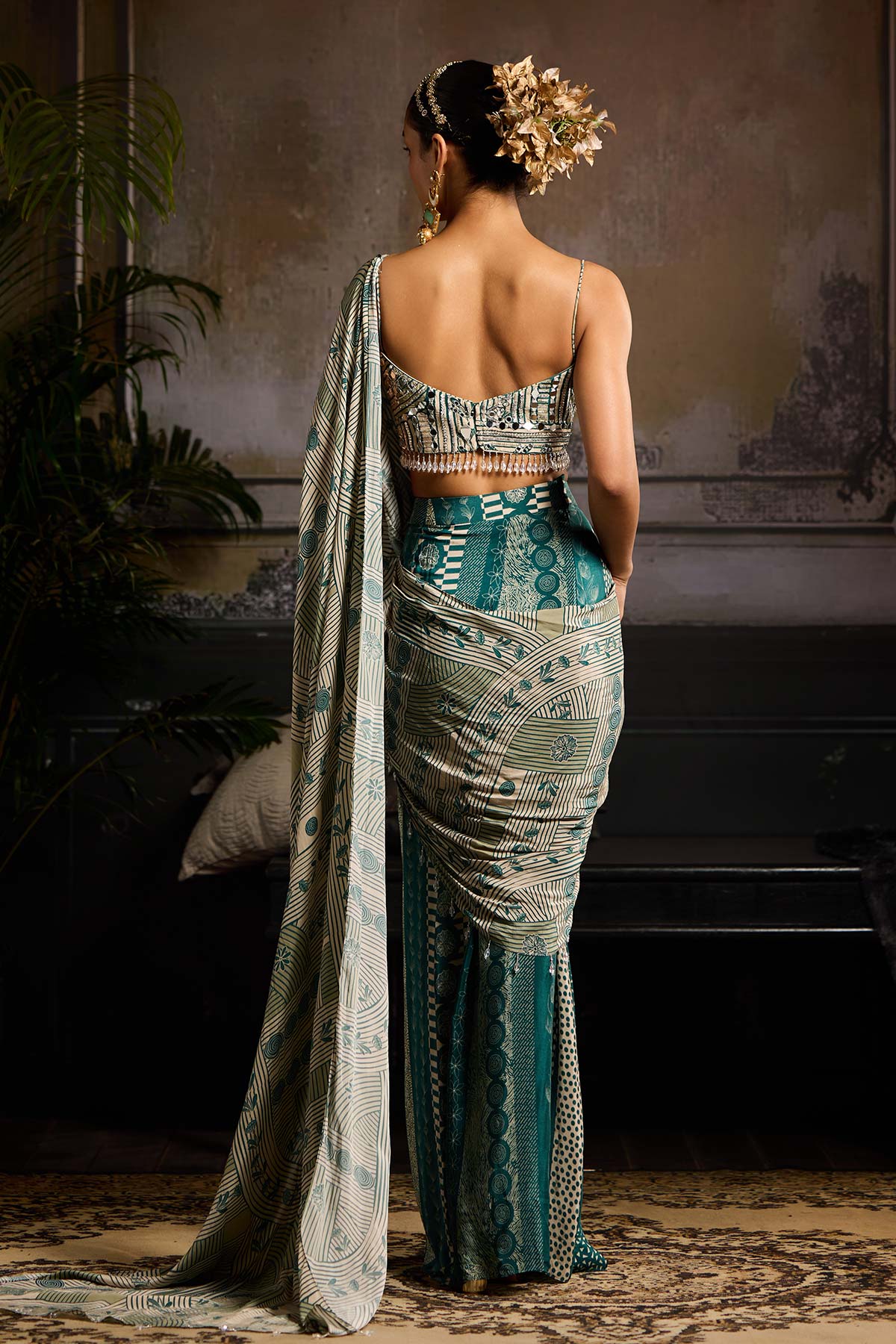 Beige & Teal Print and Highlighted  Skirt Saree Set