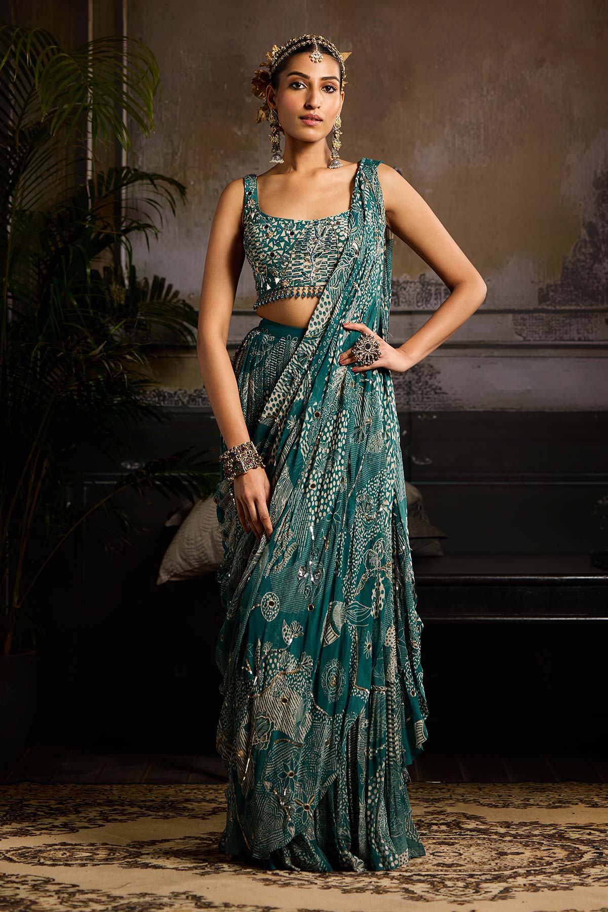 Teal Print and Highlighted Skirt Saree Set