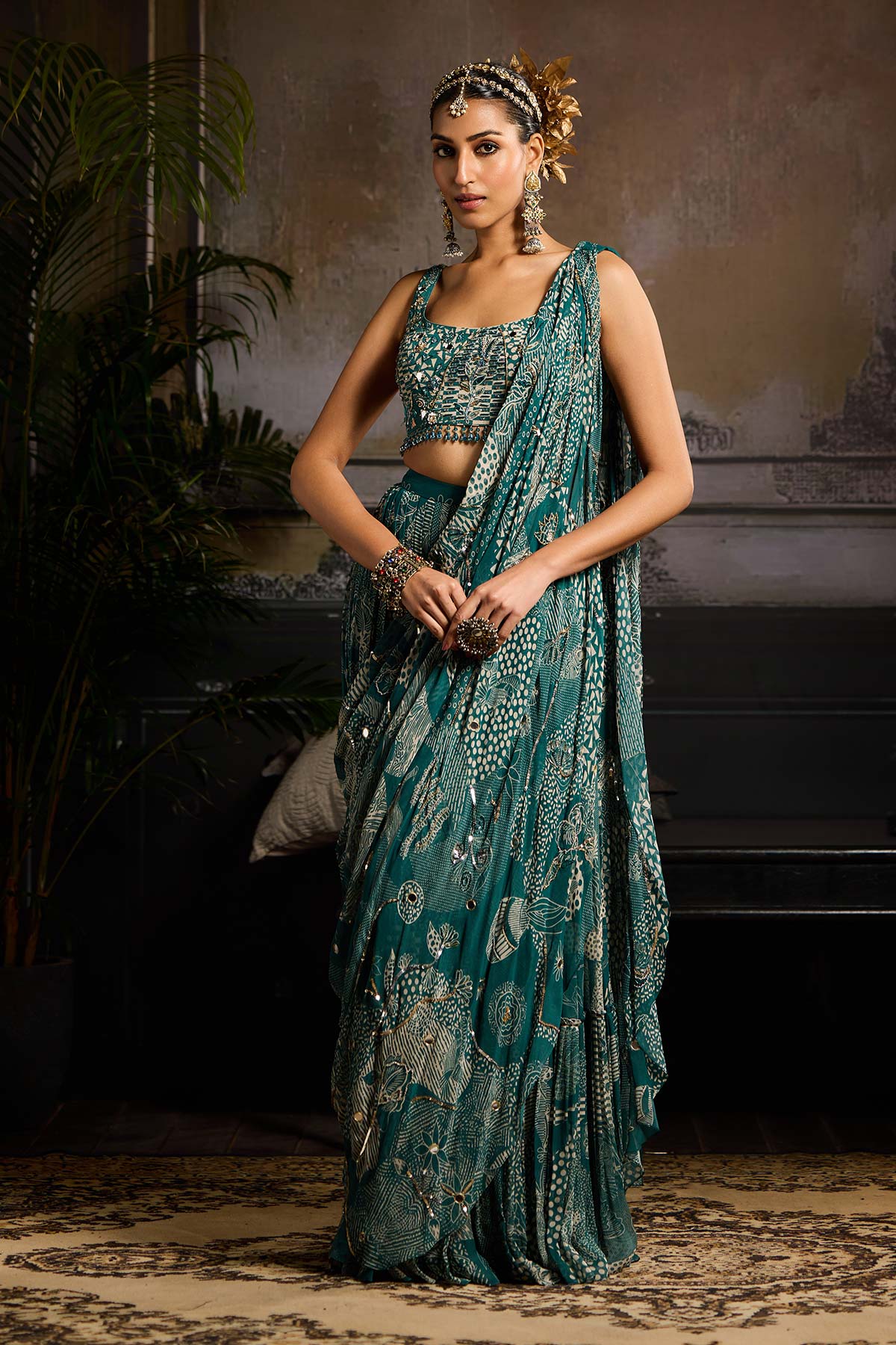 Teal Print and Highlighted Skirt Saree Set