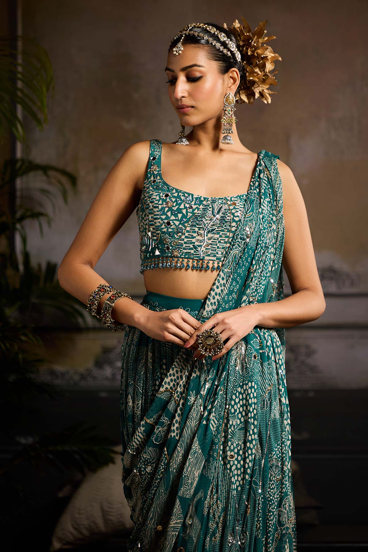 Teal Print and Highlighted Skirt Saree Set