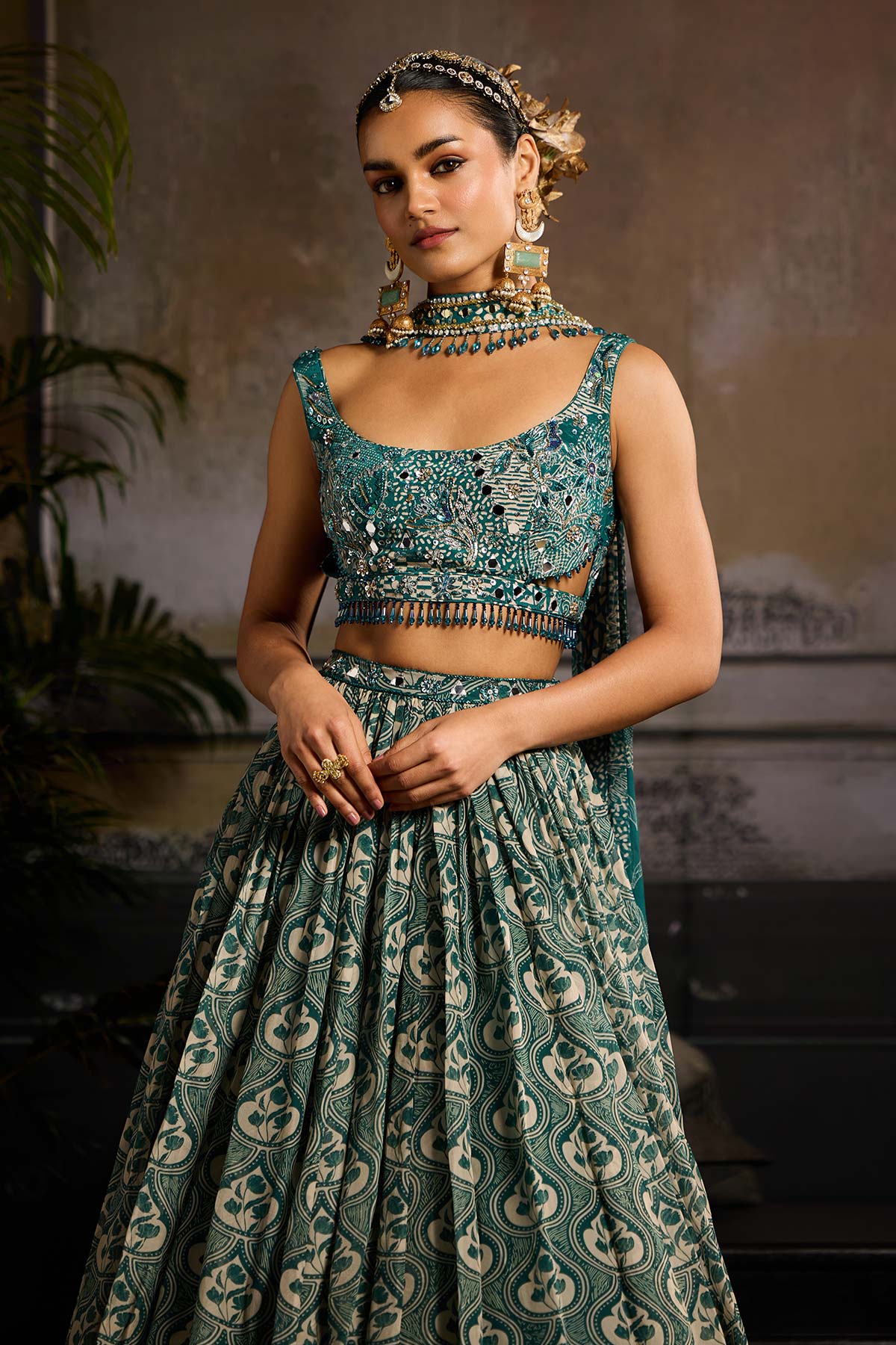 Teal Print and Highlighted  Lehenga Set