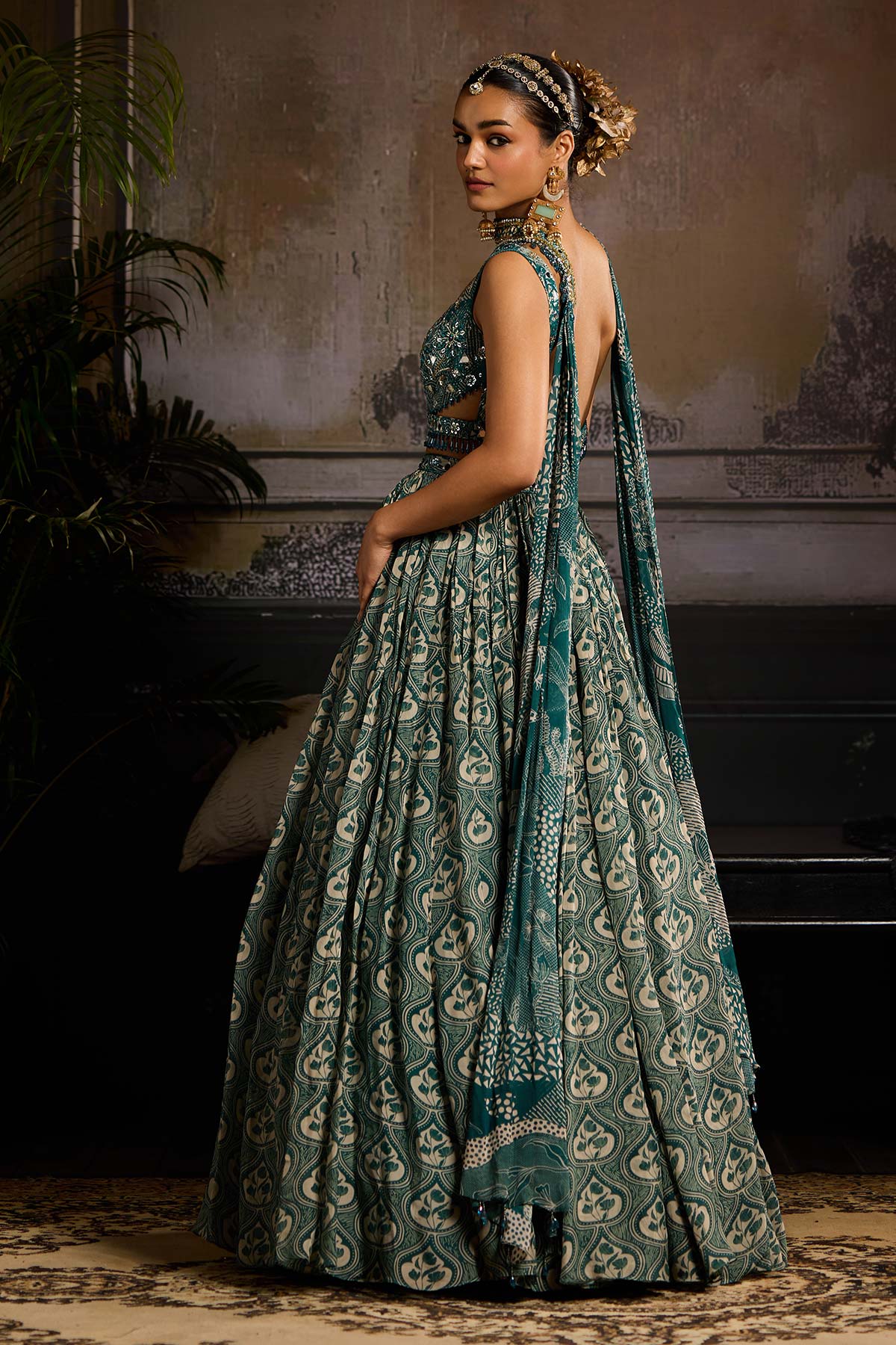 Teal Print and Highlighted  Lehenga Set