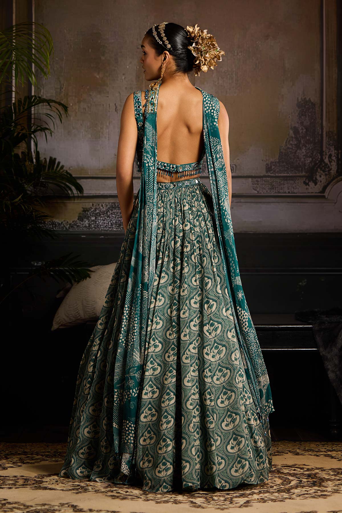 Teal Print and Highlighted  Lehenga Set