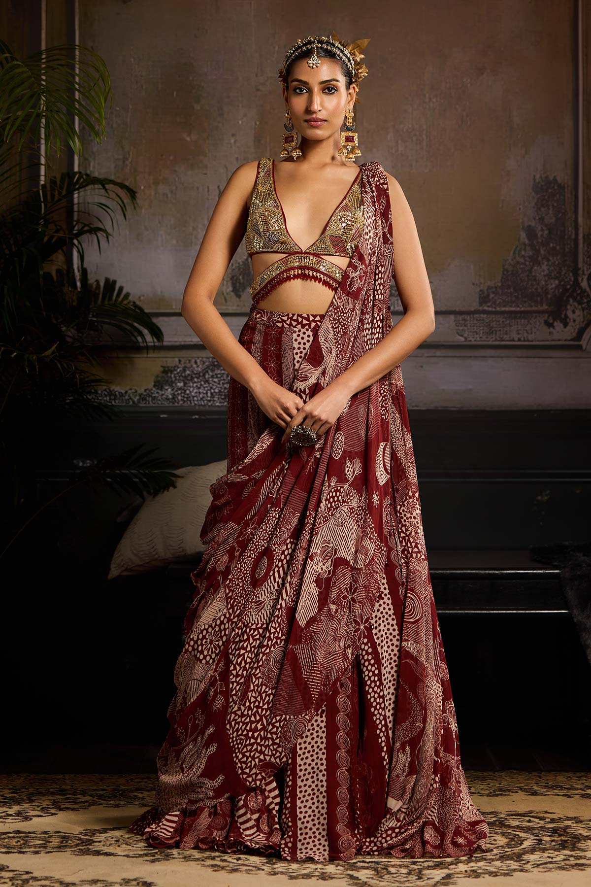 Maroon Print and Highlighted Mermaid Saree Set