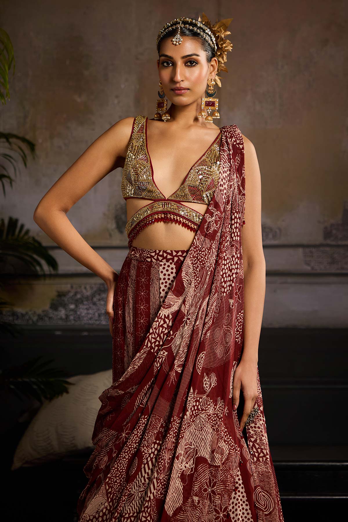 Maroon Print and Highlighted Mermaid Saree Set