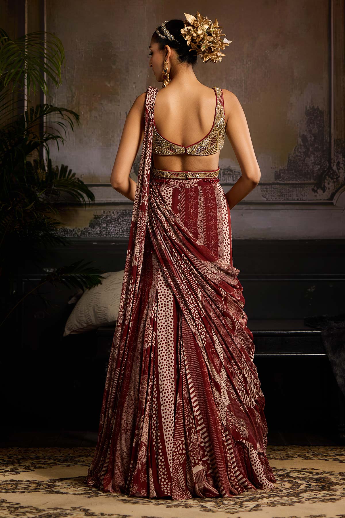 Maroon Print and Highlighted Mermaid Saree Set