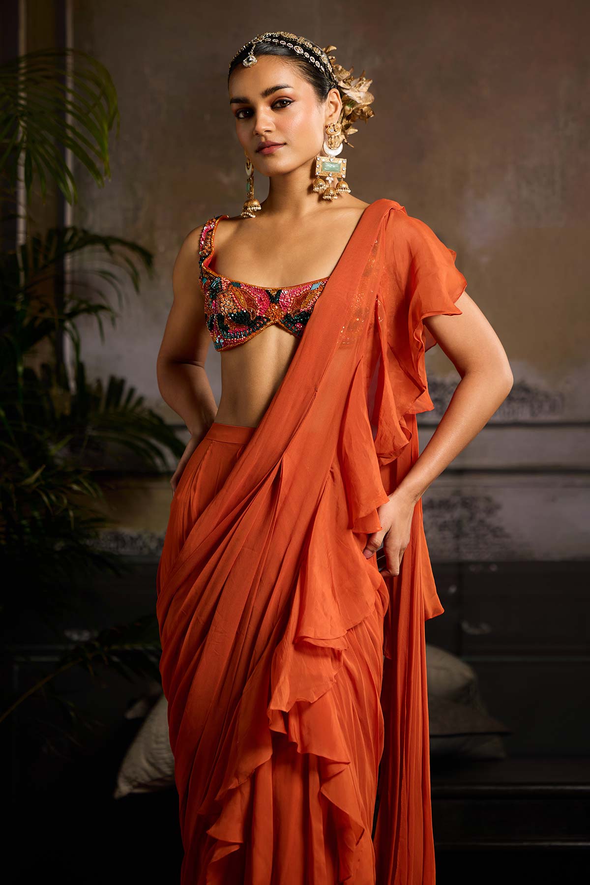 Rust Solid Draped Saree Set