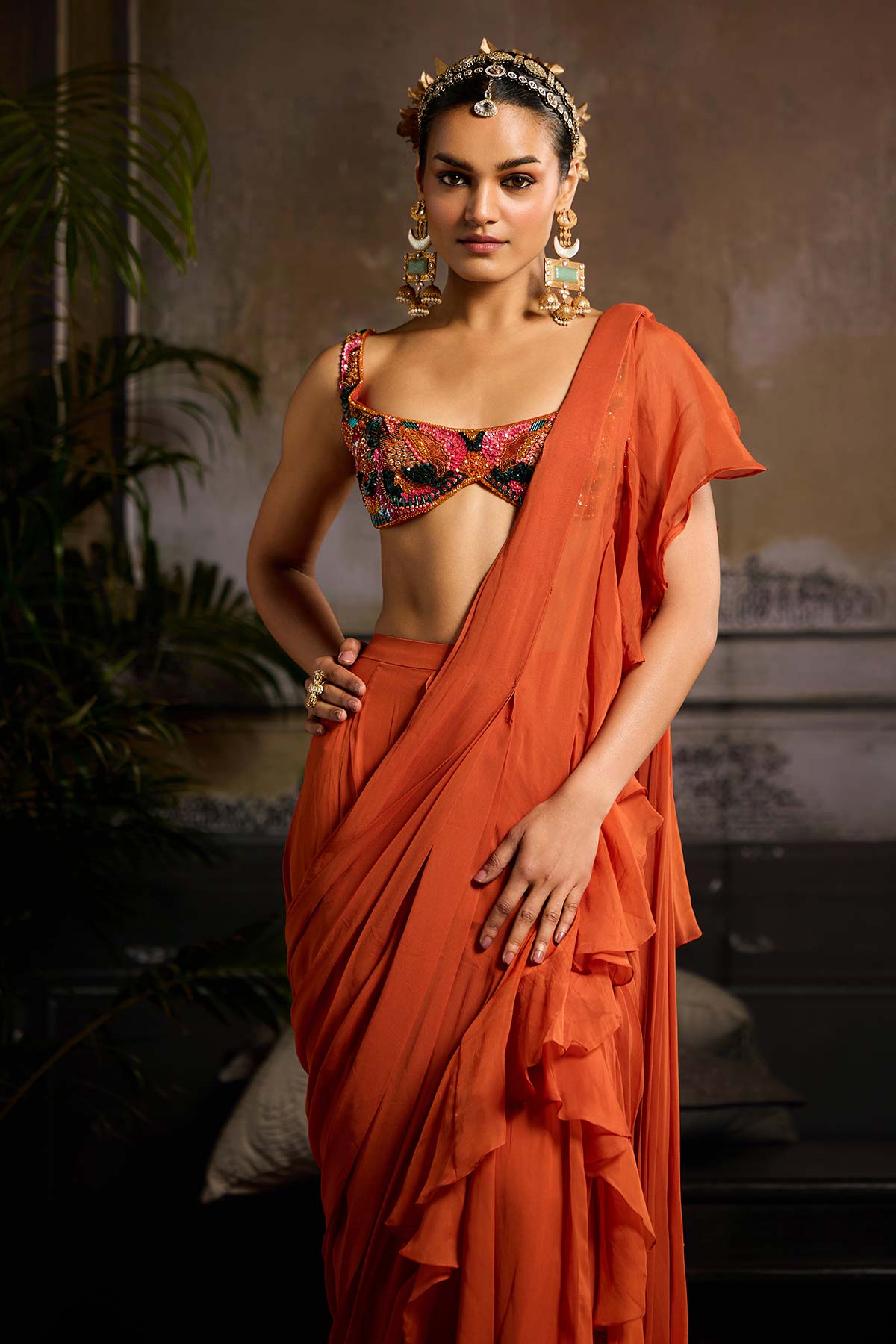 Rust Solid Draped Saree Set