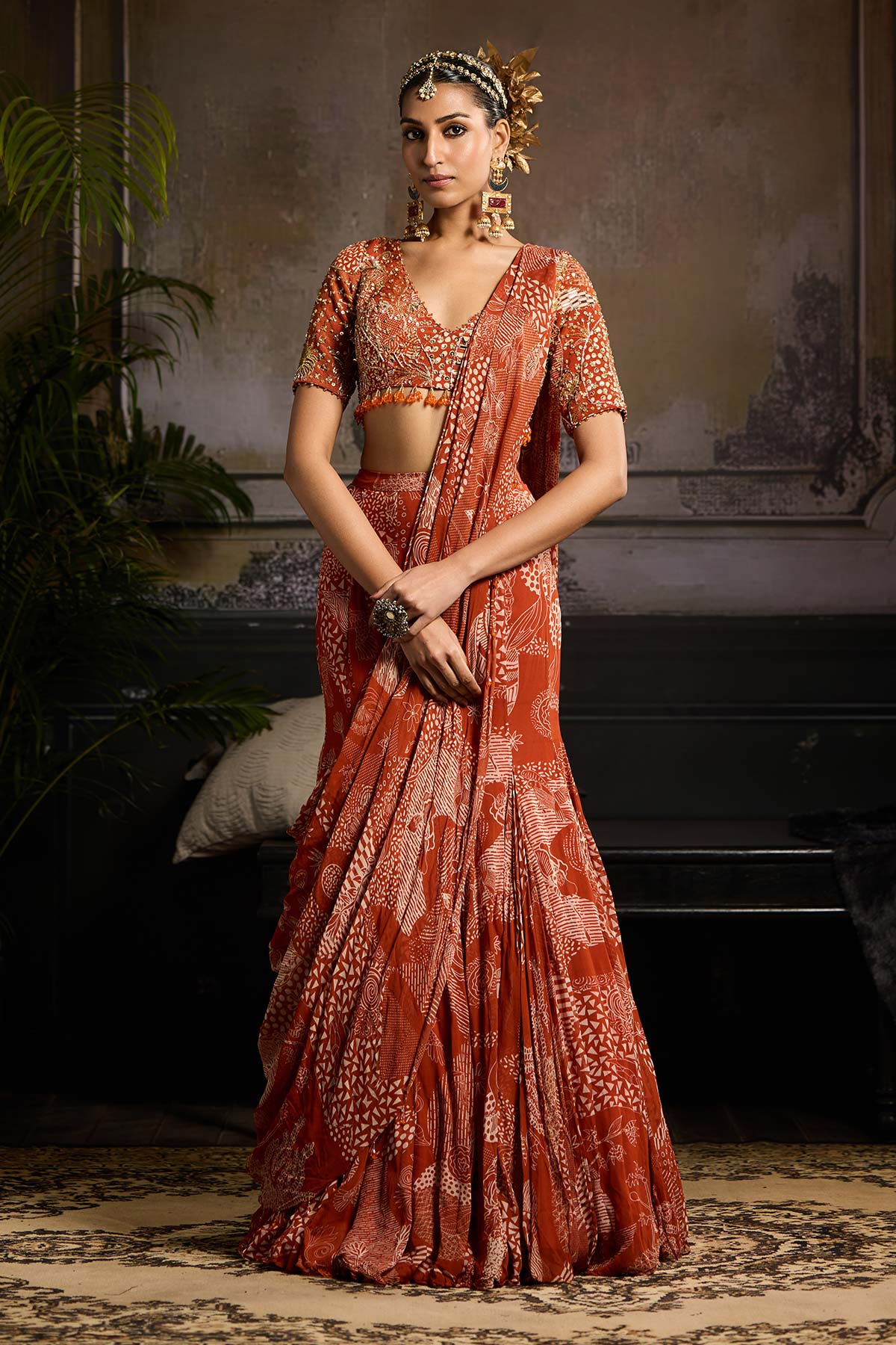 Rust Print and Highlighted Saree Set