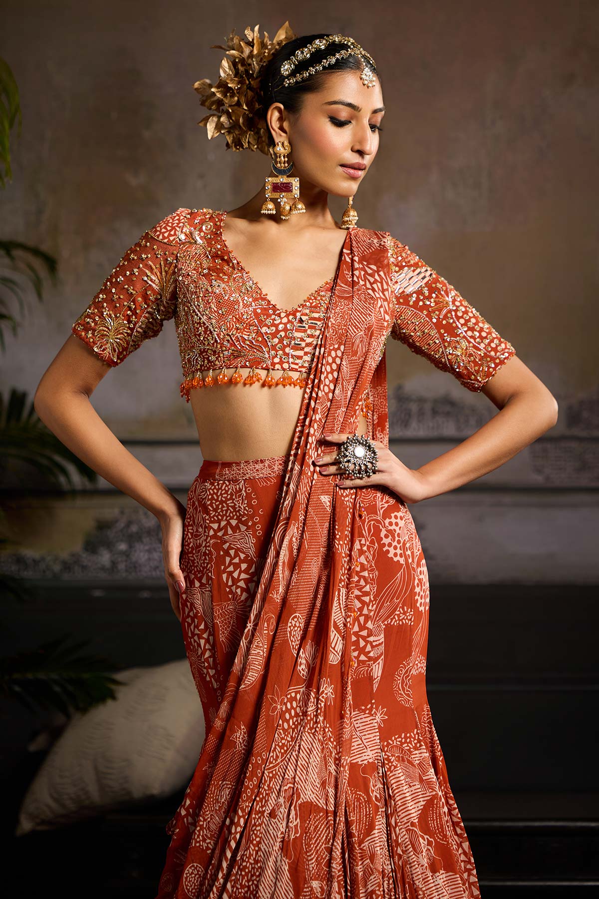 Rust Print and Highlighted Saree Set