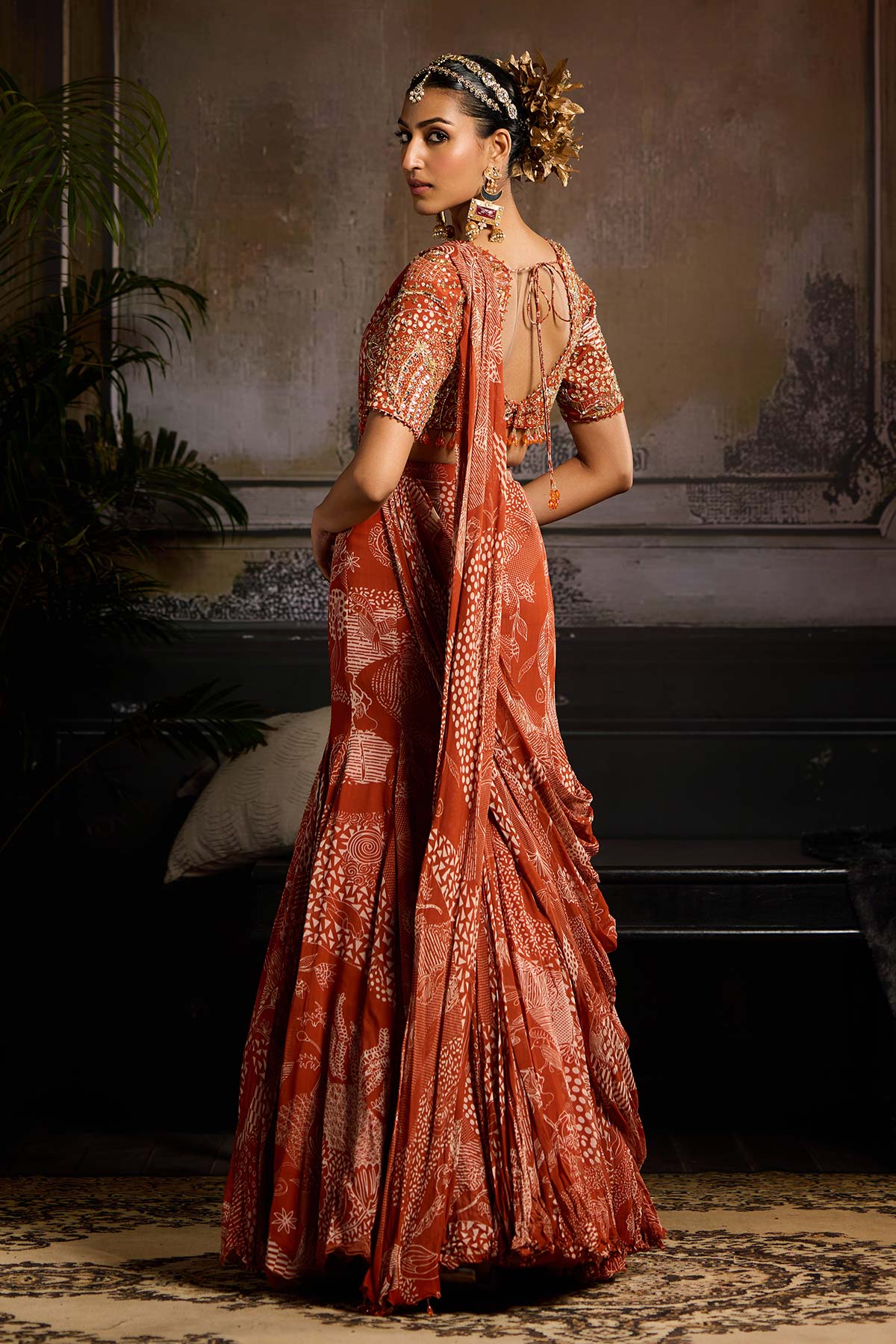 Rust Print and Highlighted Saree Set