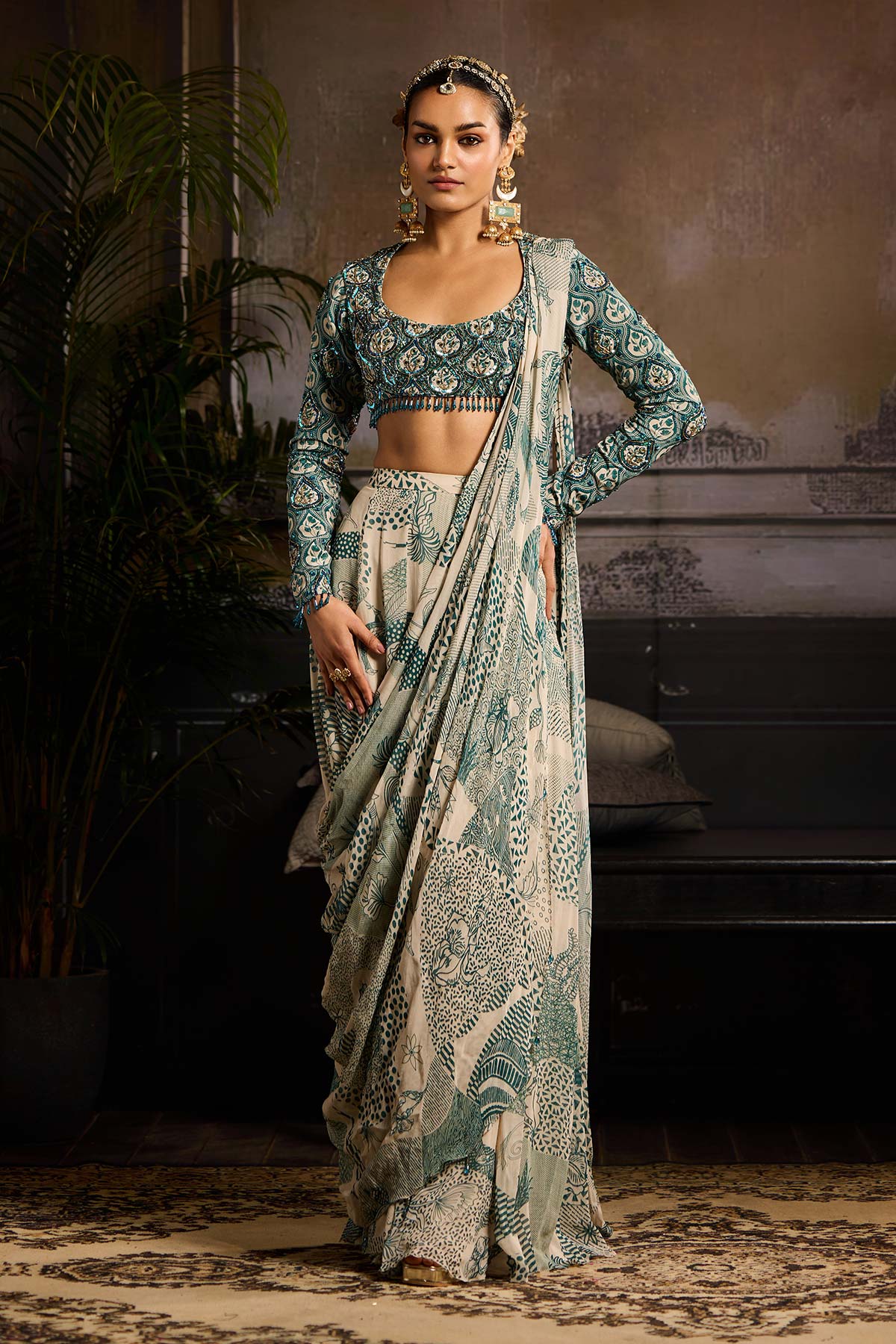 Beige & Teal Print and Highlighted Skirt Saree Set