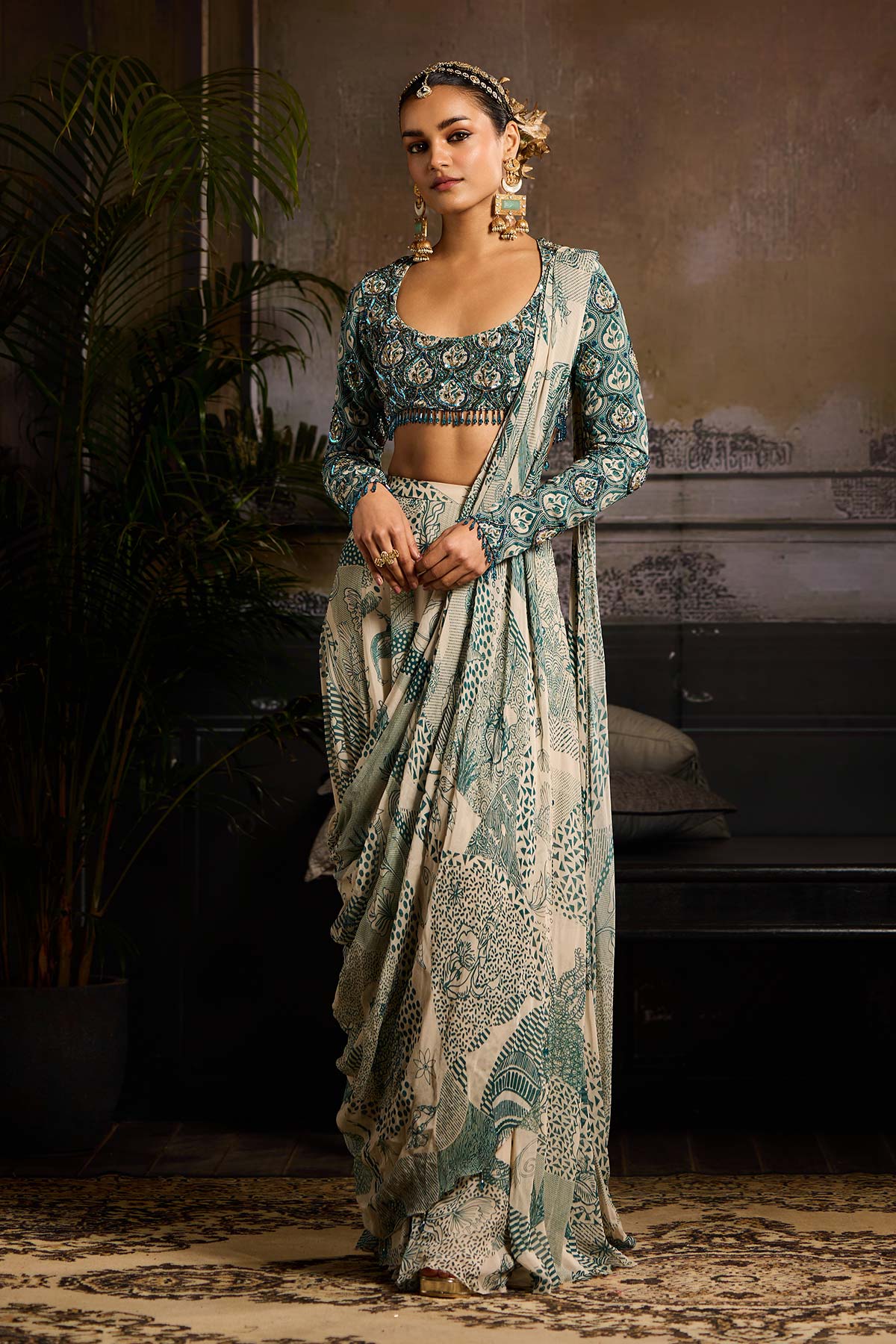 Beige & Teal Print and Highlighted Skirt Saree Set