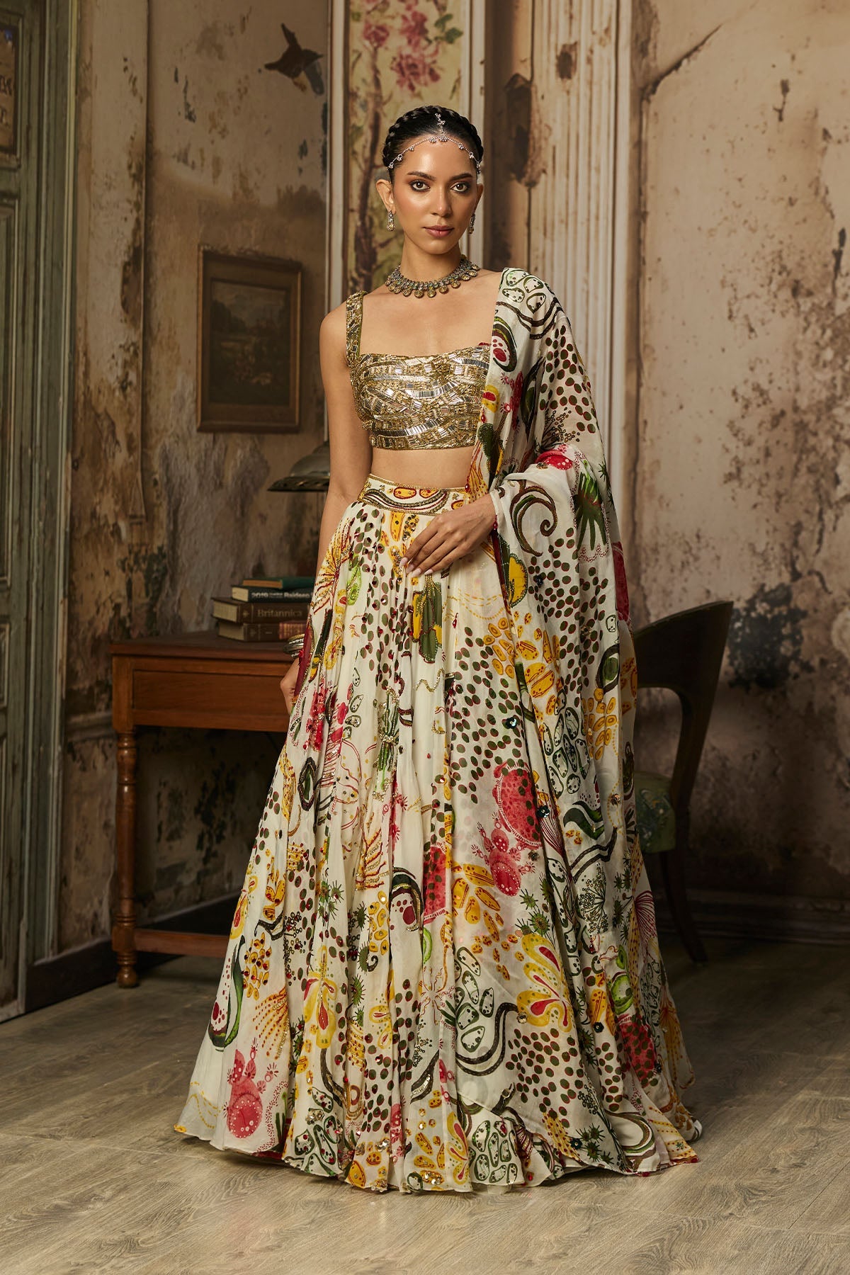 Light Gold Embellished Blouse And Highlighted Lehenga Set