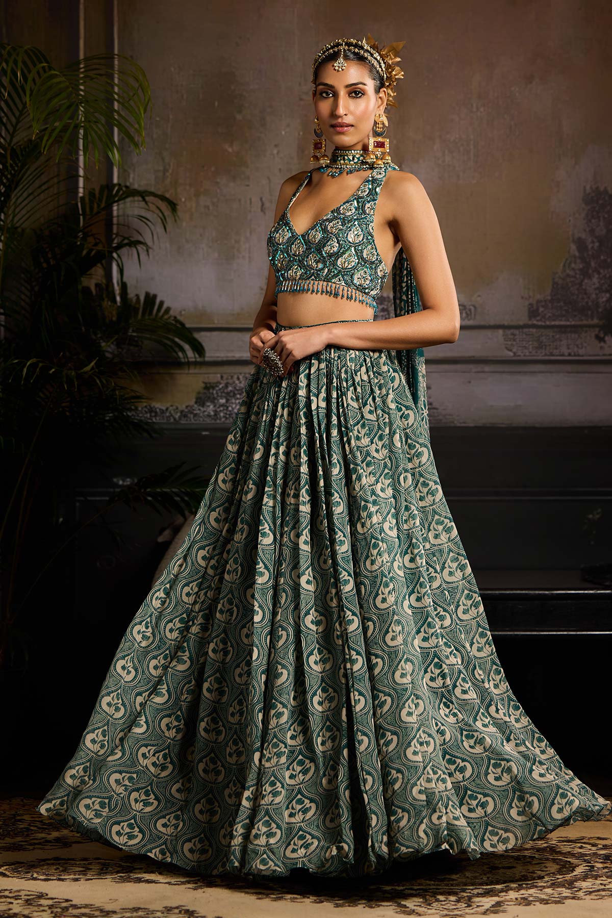 Teal Print and Highlighted  Lehenga Set