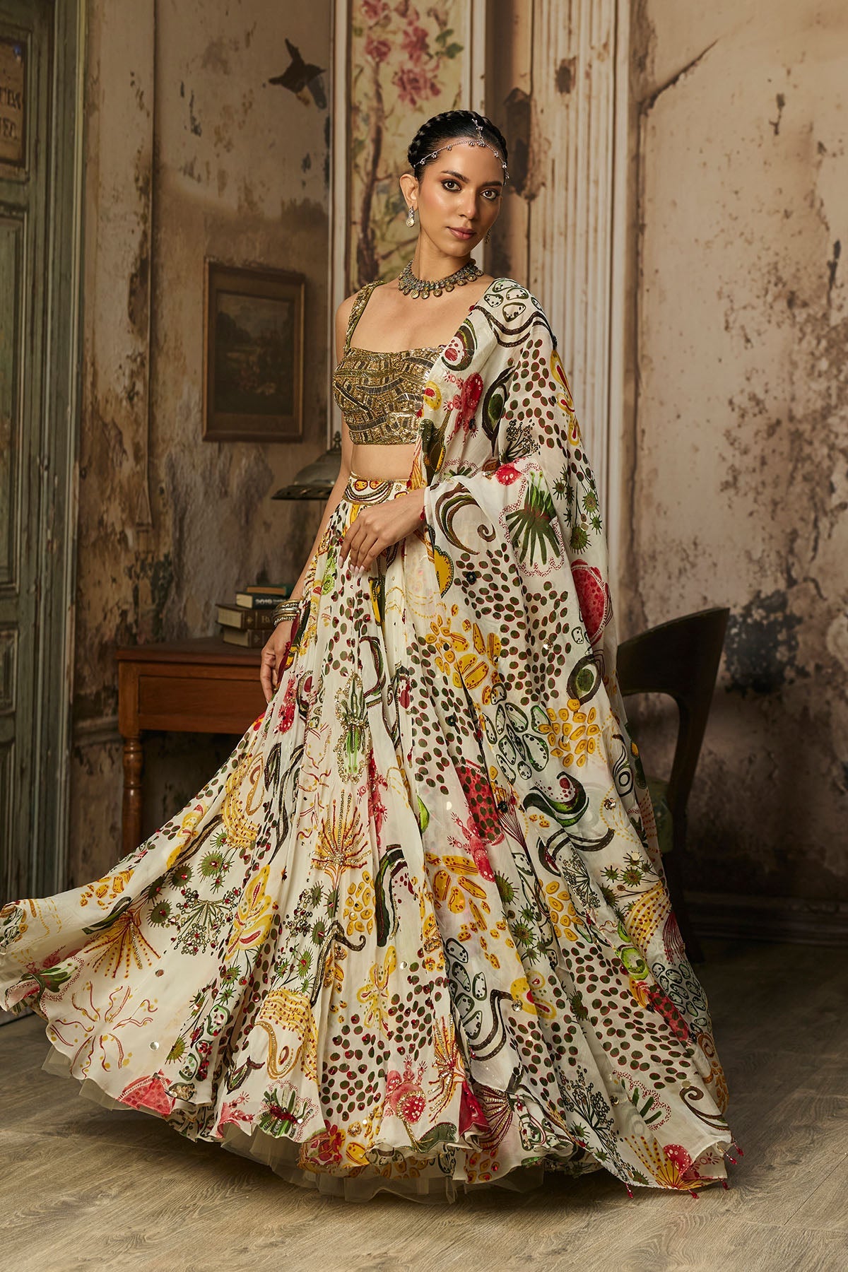 Light Gold Embellished Blouse And Highlighted Lehenga Set