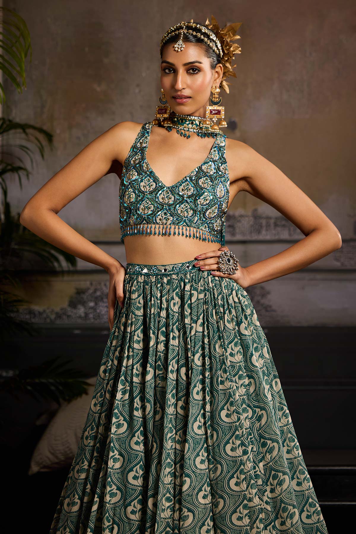 Teal Print and Highlighted  Lehenga Set